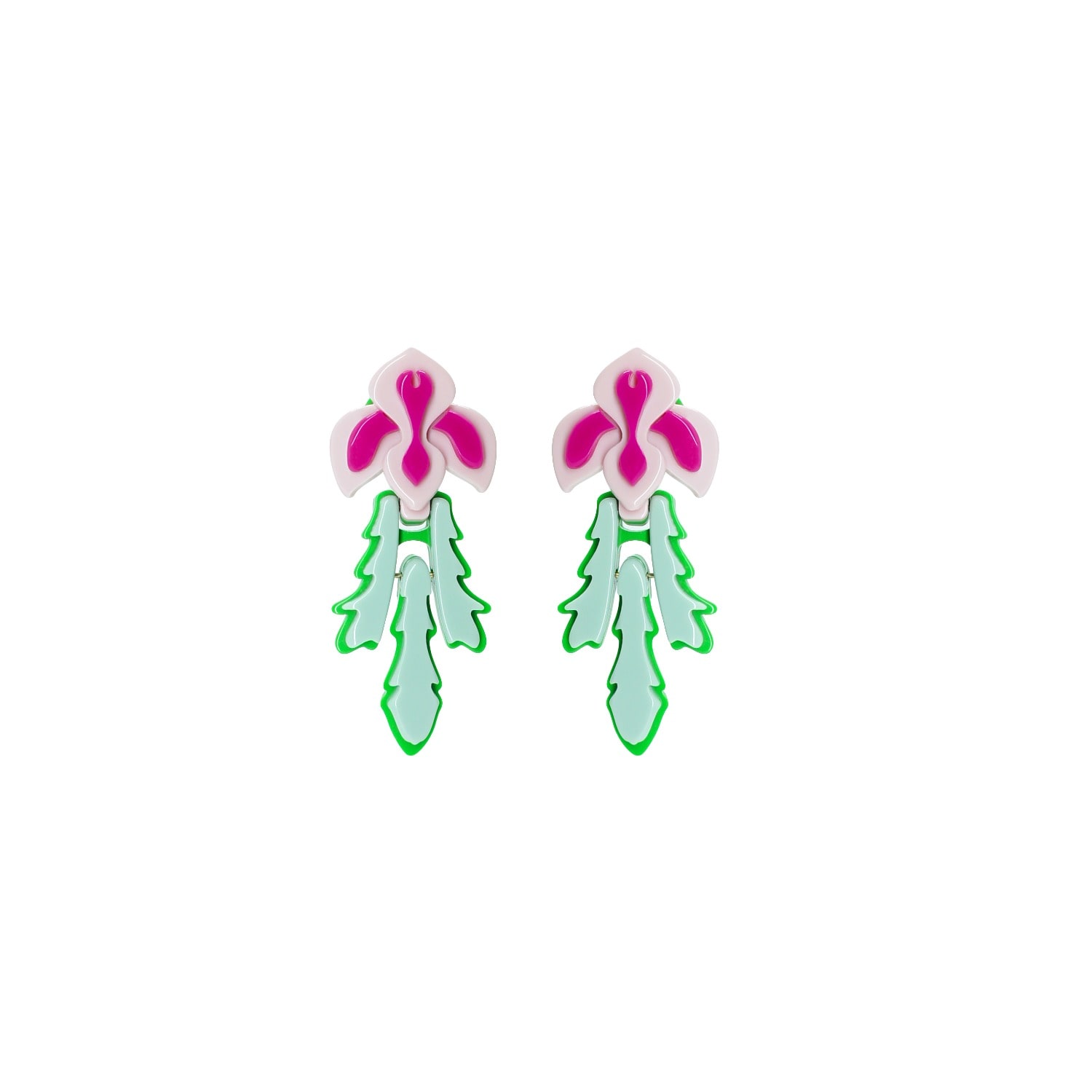 Gissa Bicalho Women's Pink / Purple Handmade Acrylic Earring Orchids And Leaves Pink