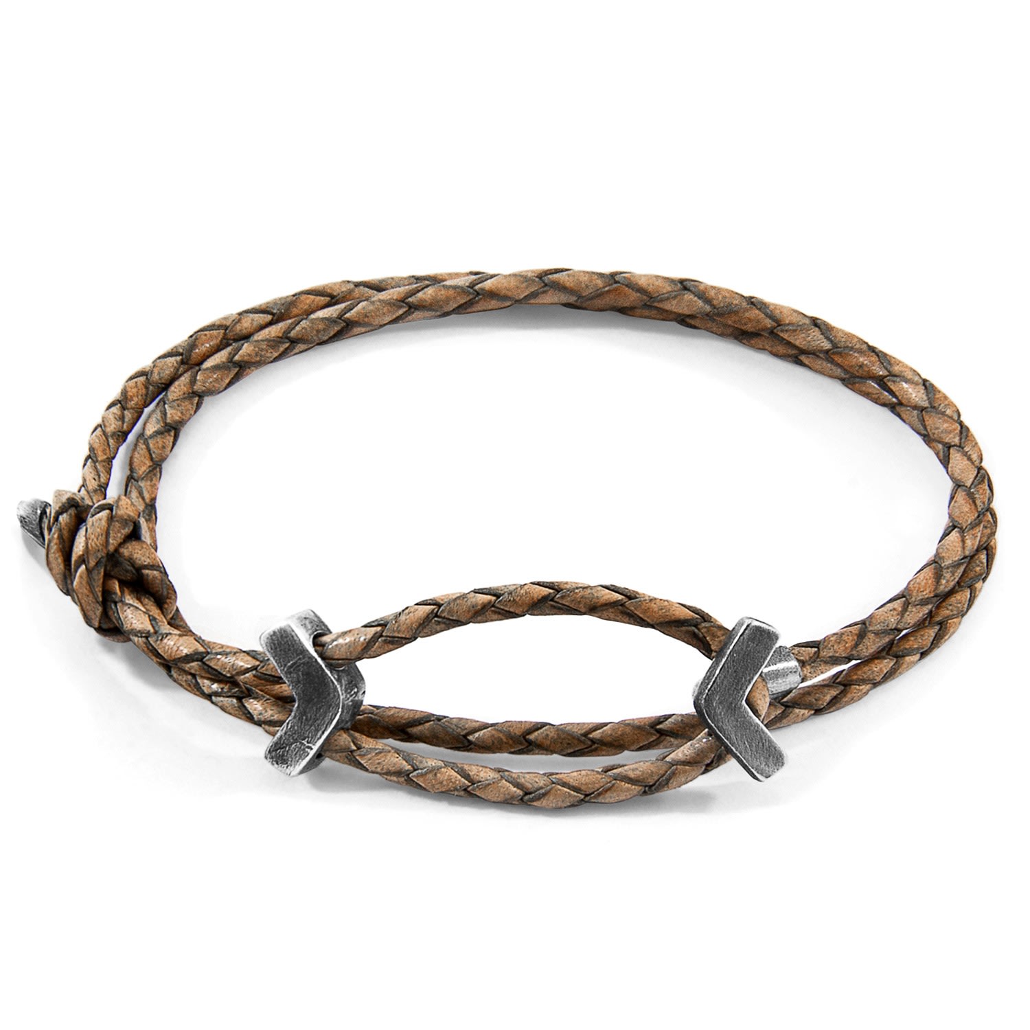 Anchor & Crew Men's Taupe Grey William Silver & Braided Leather Skinny Bracelet In Gray