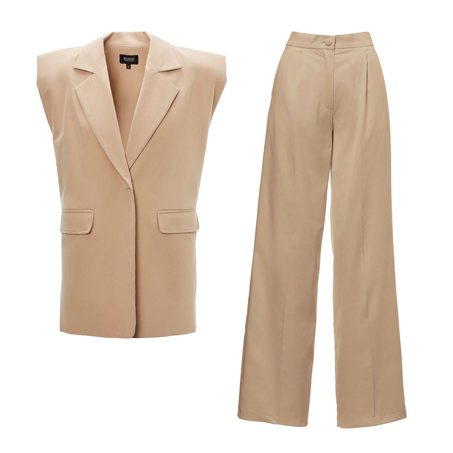 Bluzat Neutrals Beige Suit With Oversized Vest And Wide Leg Trousers In Gray