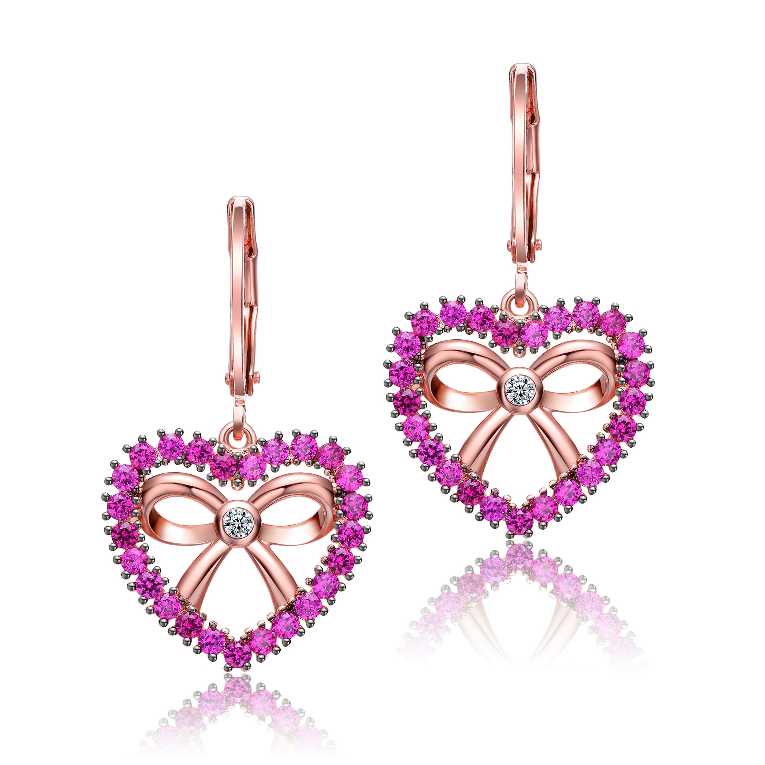 Genevive Jewelry Women's White / Rose Gold / Pink Rose Gold Plated Heart Dangle Earrings With Ruby Cubic Zirconia