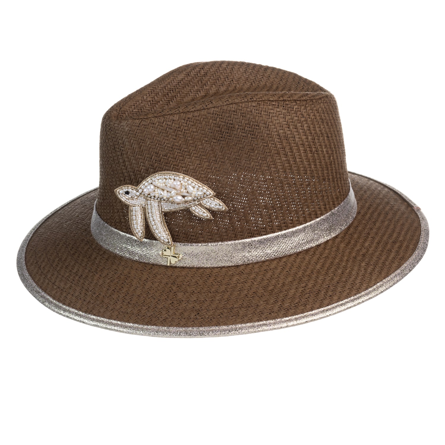 Women’s Brown Straw Woven Hat With Pearl Beaded Turtle - Caramel One Size Laines London