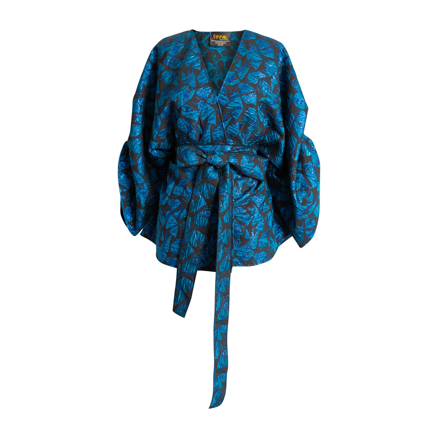 Women’s Blue Jacquard Ruched Sleeve Theater Jacket- Armida One Size Byvinnik