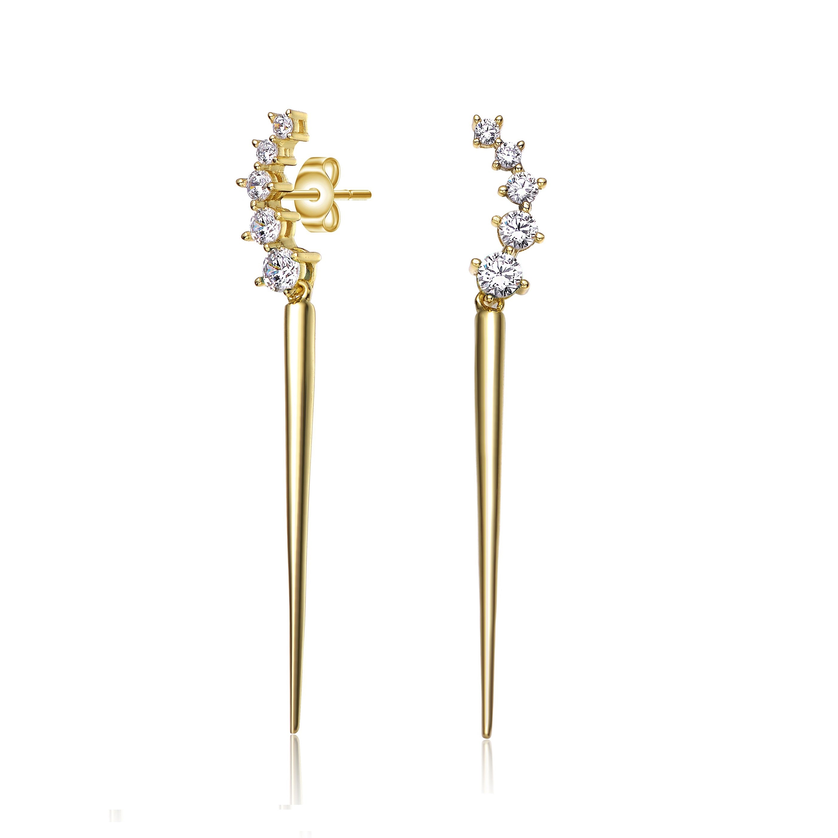 Women’s Gold / White Yellow Gold Plated Diamond Cubic Zirconia Waterfall Spike Dangle Earrings In Sterling Silver Genevive Jewelry