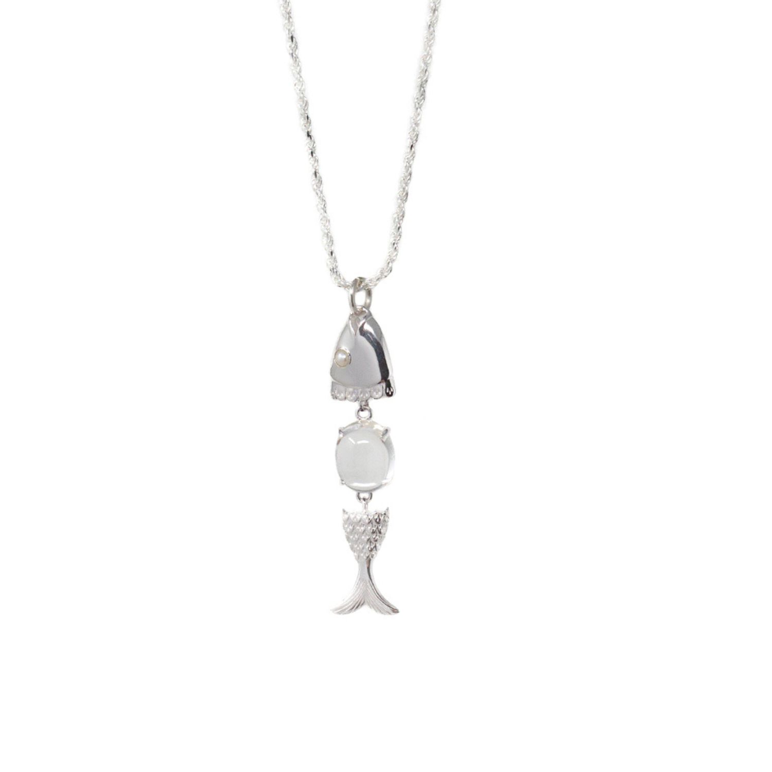 Nasi Silver Women's Swimming Fish Neshama Pendant- White Topaz & Freshwater Pearl, Silver In Metallic