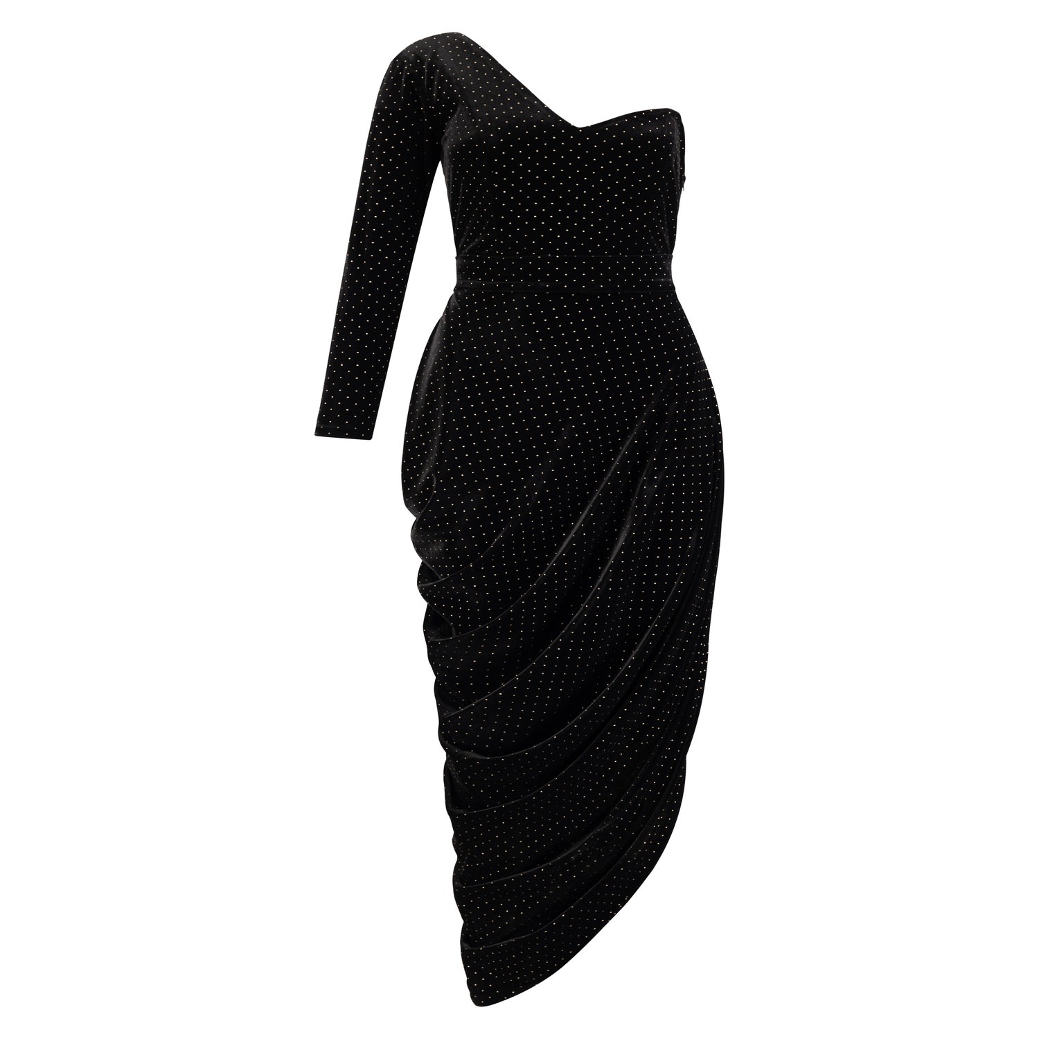 Azzalia Women's One Shoulder Velvet Draped Dress With Side Slit - Black & Gold Studs In Black/yellow