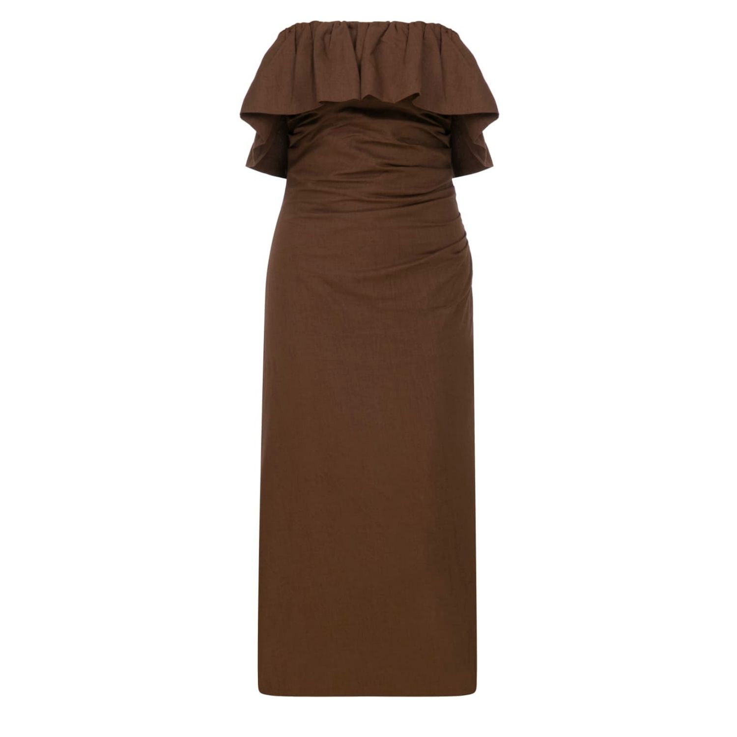 Women's Brown Seashell Midi Dress - Strapless Linen Midi Dress With Ruffle Detail And Lining - Mocha Muse | Large | Thisisu Collection