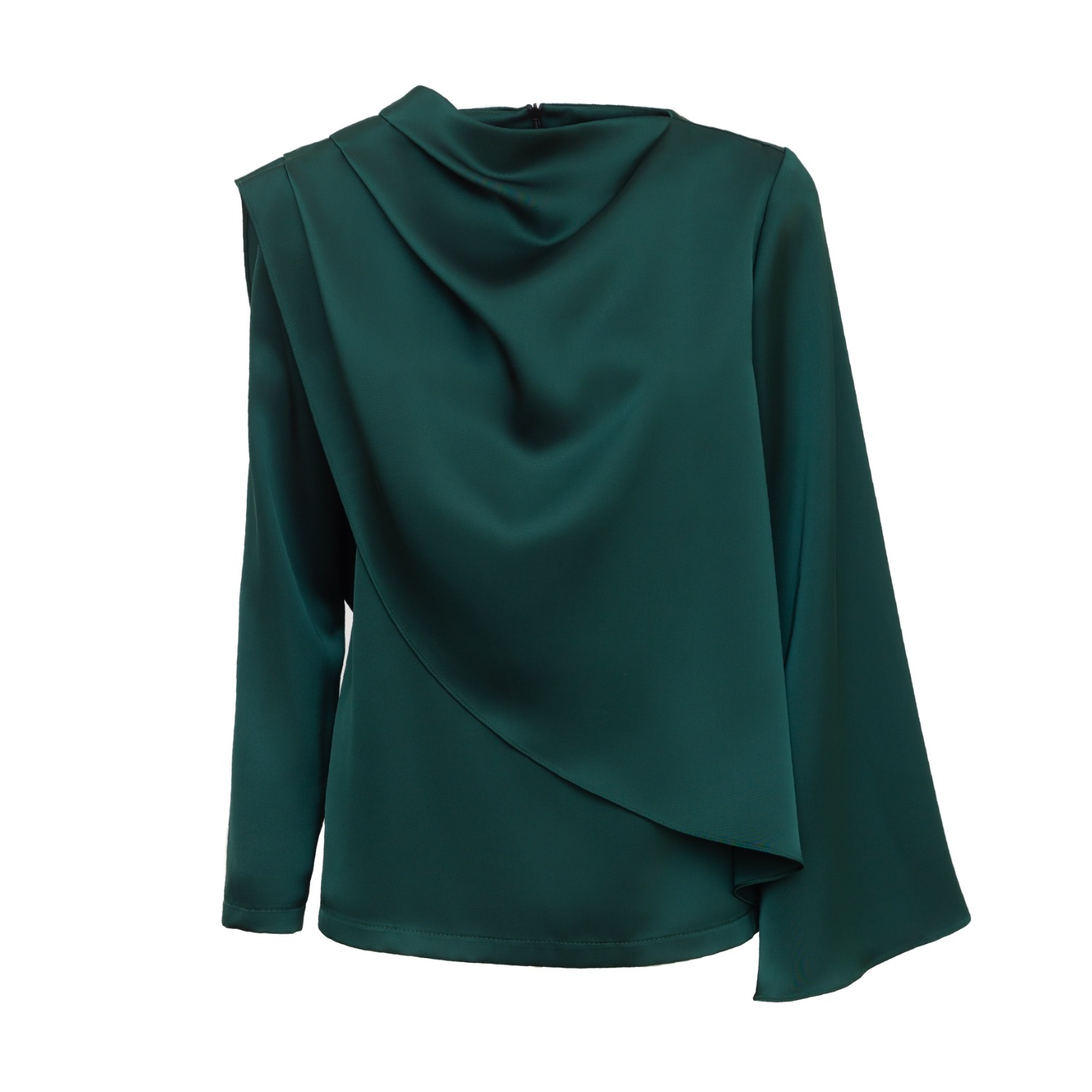 Julia Allert Women's Green Draped Satin Blouse With Asymmetrical Sleeve Emerald In Green