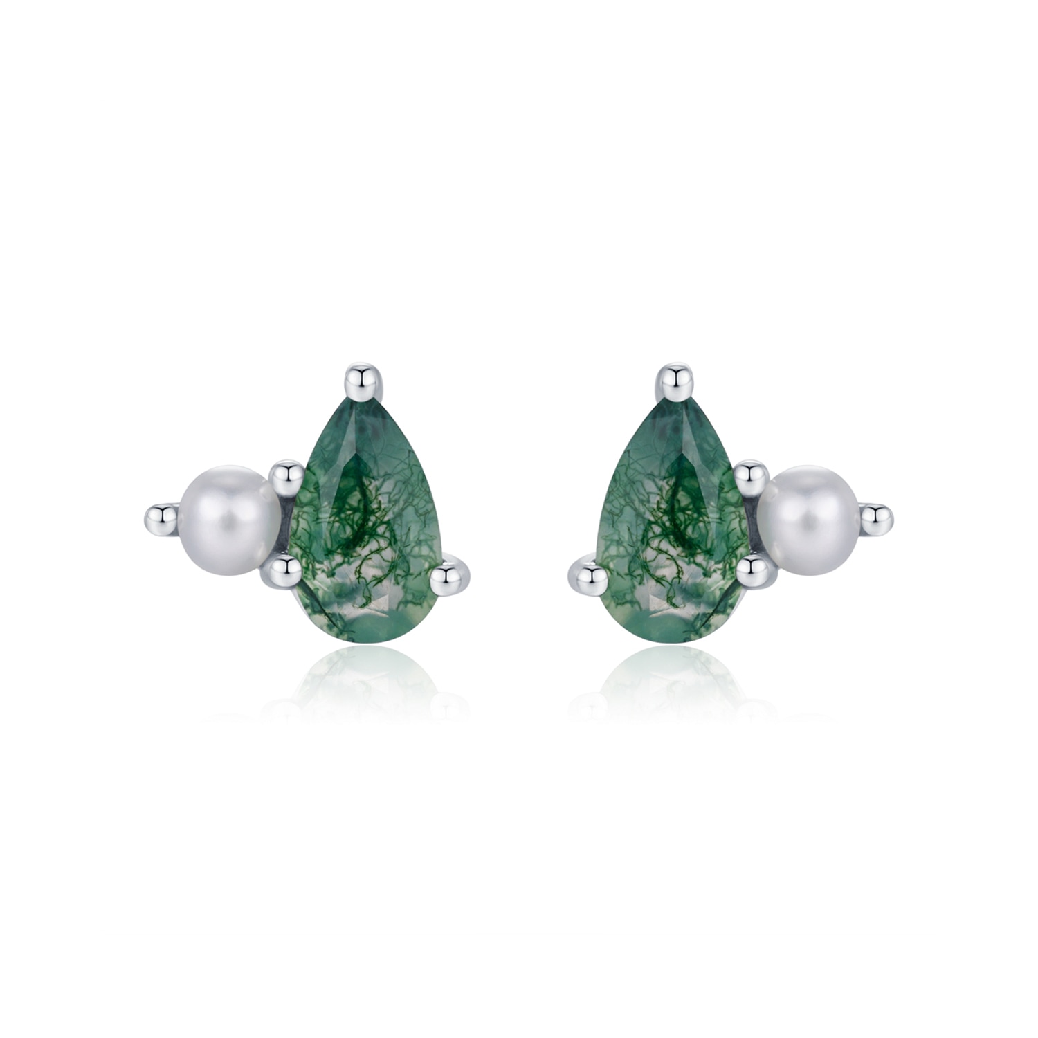 Azura Jewelry New York Women's Silver Rosewood Moss Agate Pearl Studs White Gold Vermeil