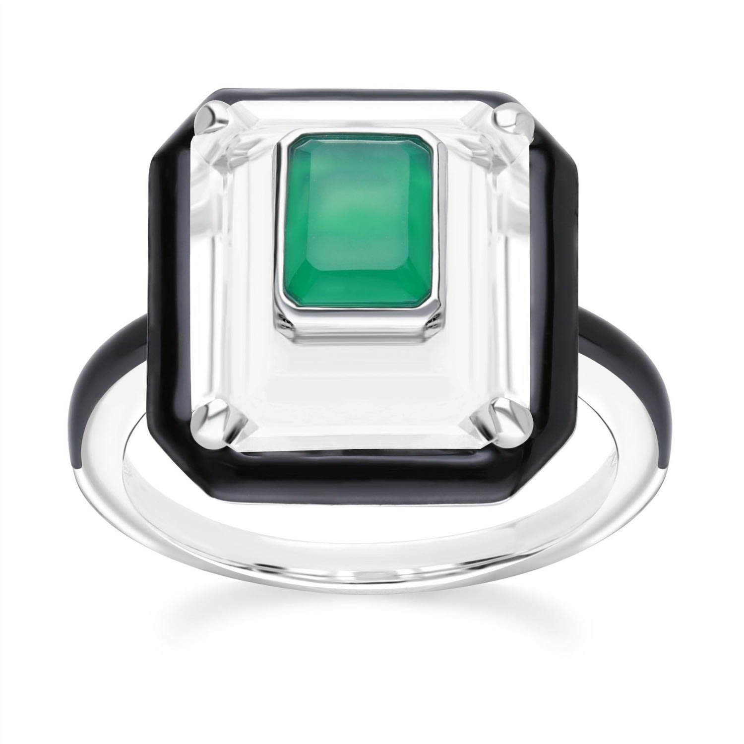 Women’s Green Grand Deco Rock Crystal, Chalcedony & Black Enamel Sterling Silver Statement Ring Gemondo