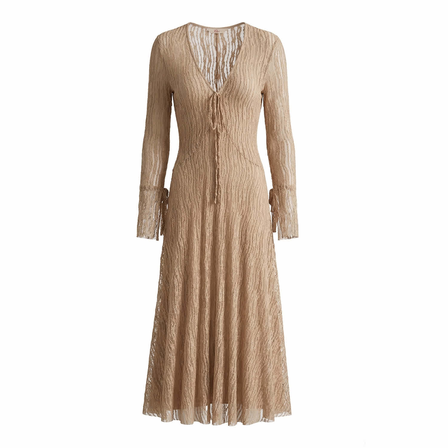 Belsize25 Sheer Lace Knit Trumpet Dress With Flared Sleeves - Beige