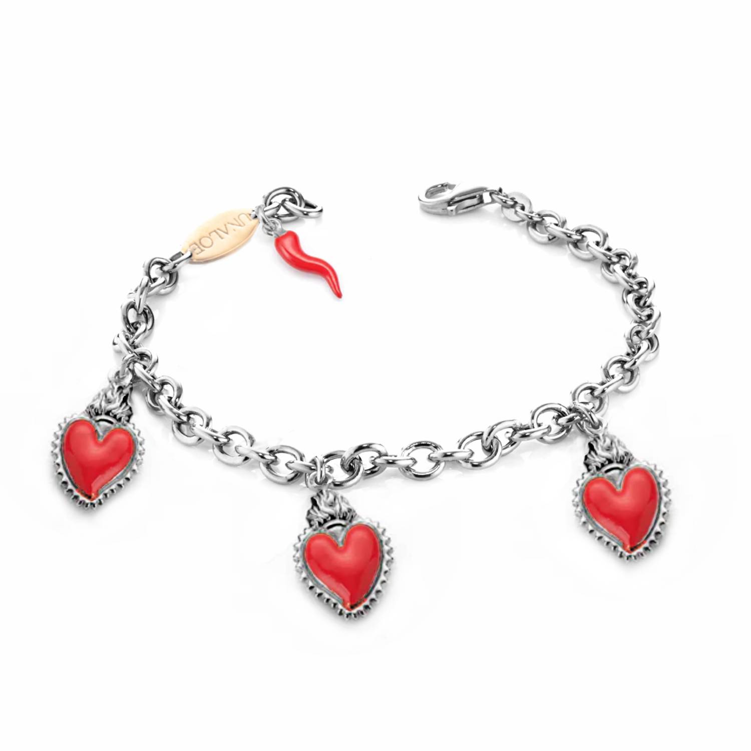 Unaloe Women's Silver / Red Silver Bracelet With Three Red Heart Pendants And Horn