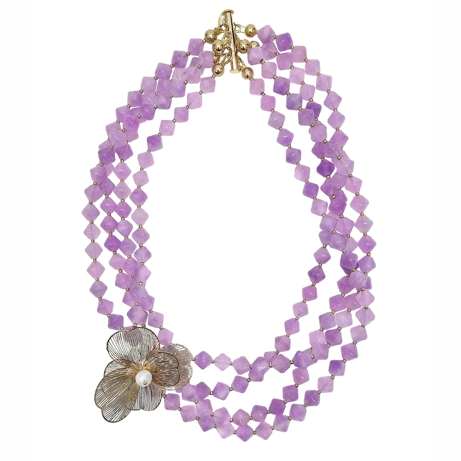 Farra Women's Pink / Purple Multi-layers Purple Jade With Flower Charm Necklace