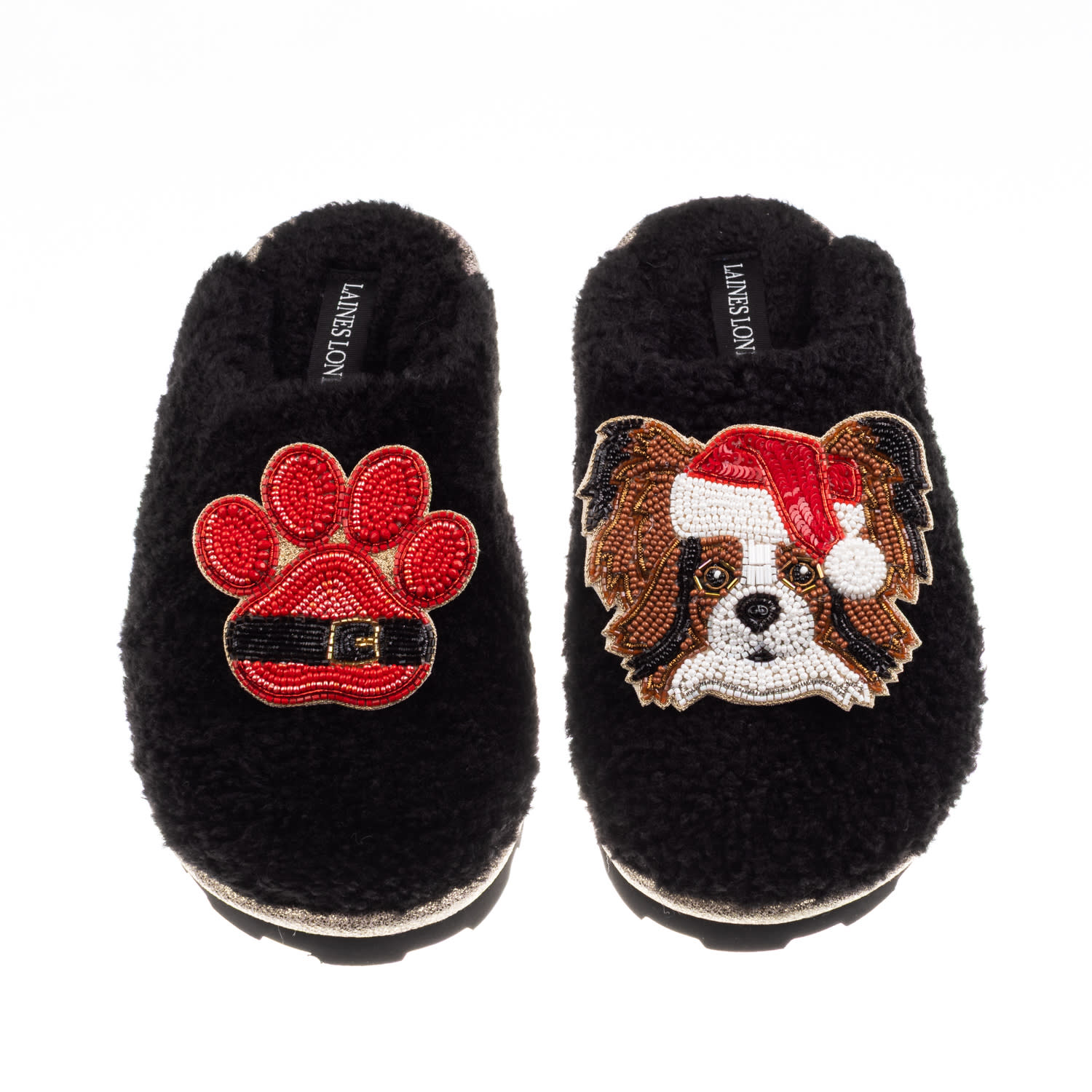 Laines London Women's Teddy Closed Toe Slippers With Christmas Papillon & Paw Brooches - Black In Black