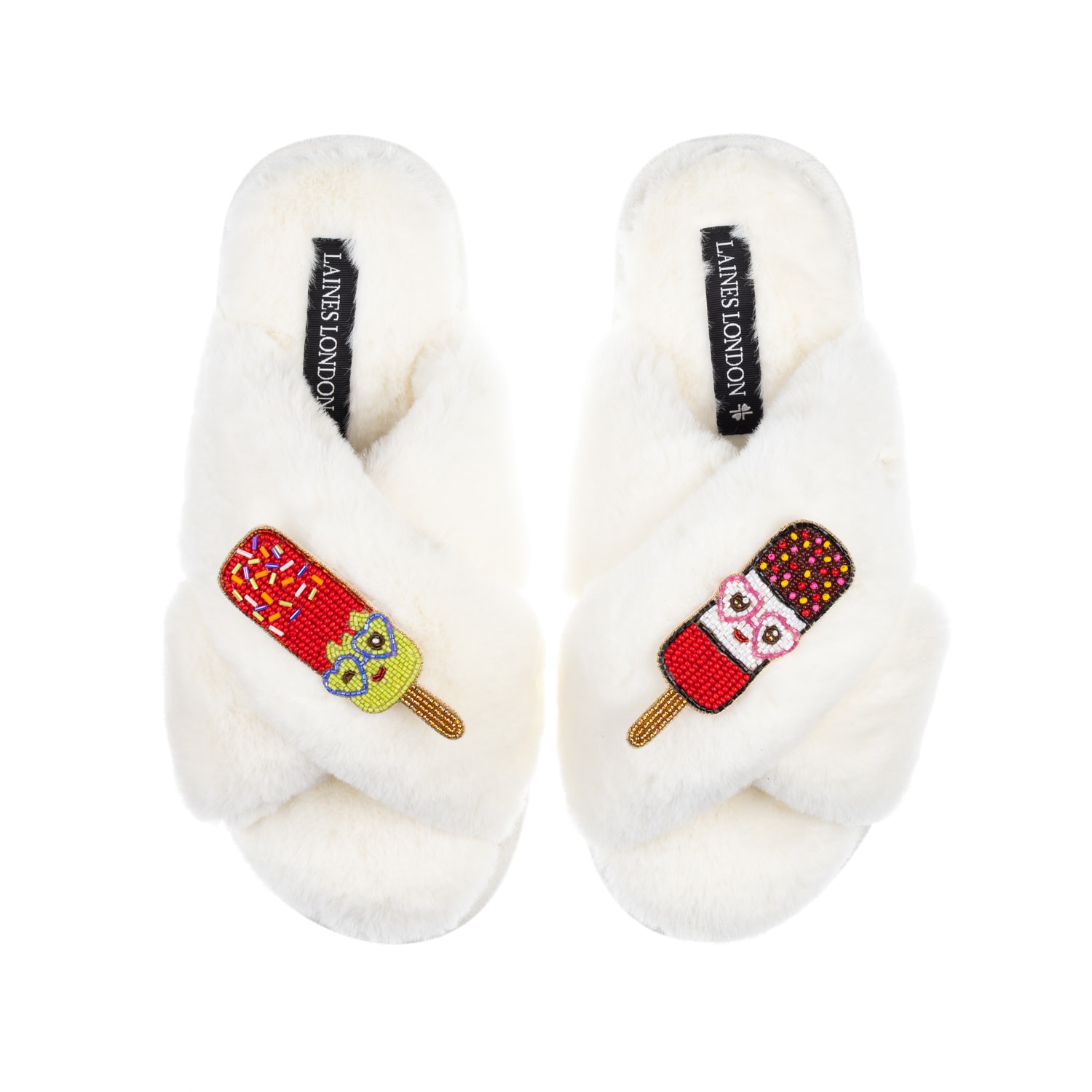 Women's Neutrals / White Classic Laines Slippers With Cute Ice Lolly Brooches - Cream | Medium | Laines London