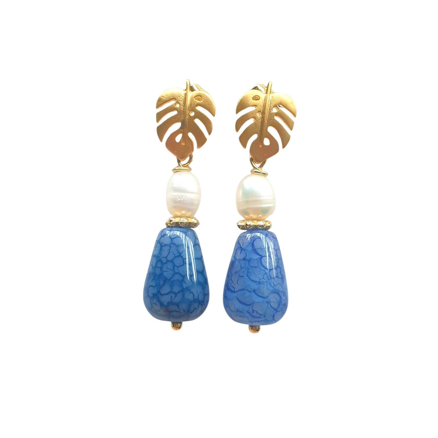 Way To Chic Women's Blue / White / Gold Blue Agate & Pearl Drop Earrings With Gold-plated Palm Leaf Studs In Multi