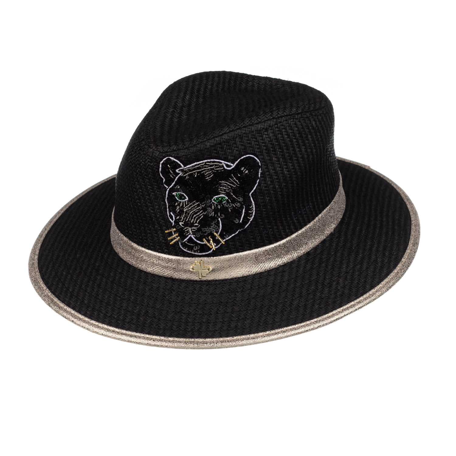 Women’s Straw Woven Hat With Couture Embellished Black Panther Design - Black One Size Laines London