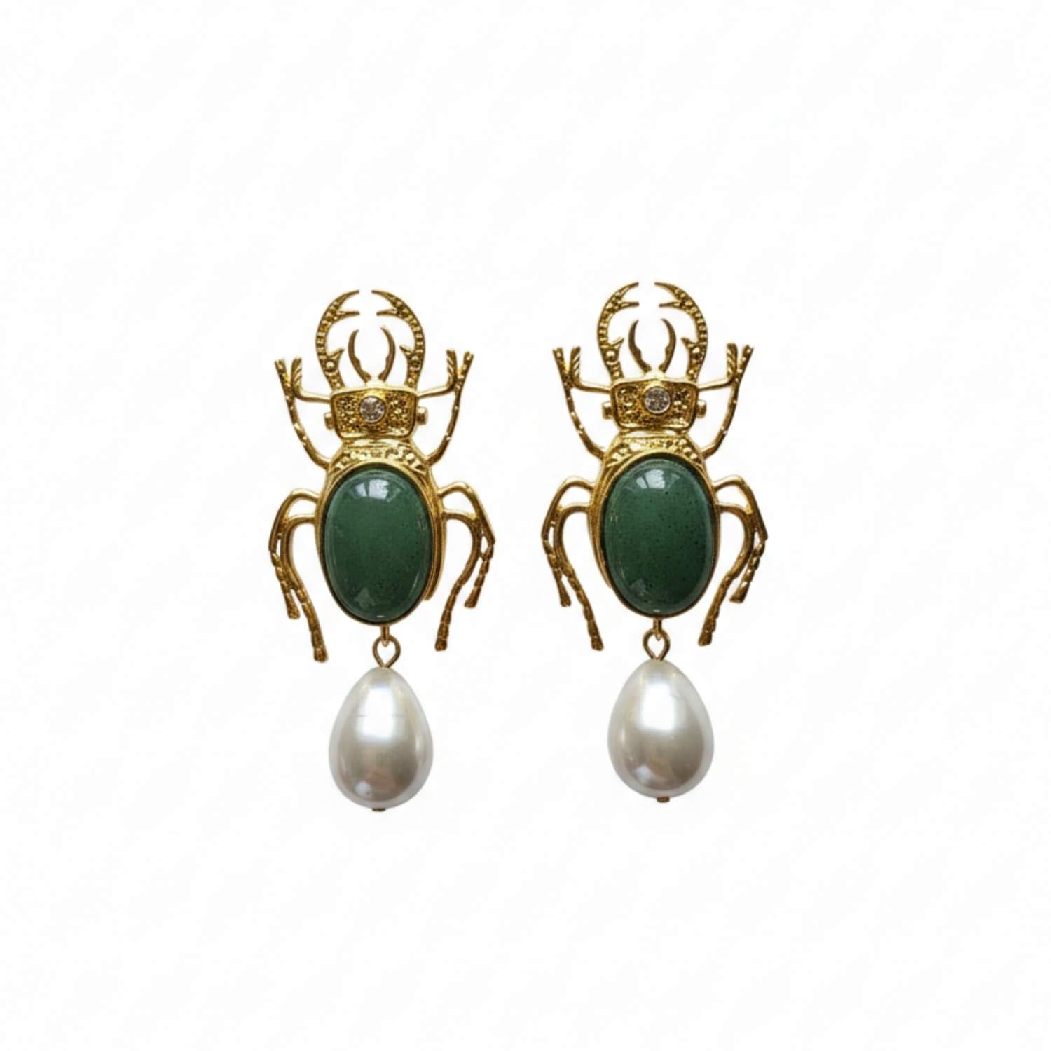 Silver & Elegant Co. Women's Gold / Green The Verdant Scarab & Pearl Earrings In Multi