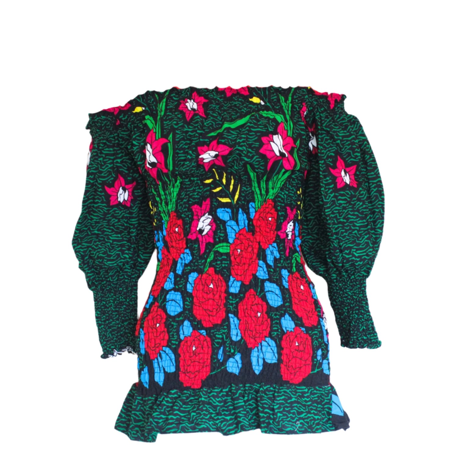 Mèsan Women's Green / Red Flower Garden Cotton Mini Dress Green