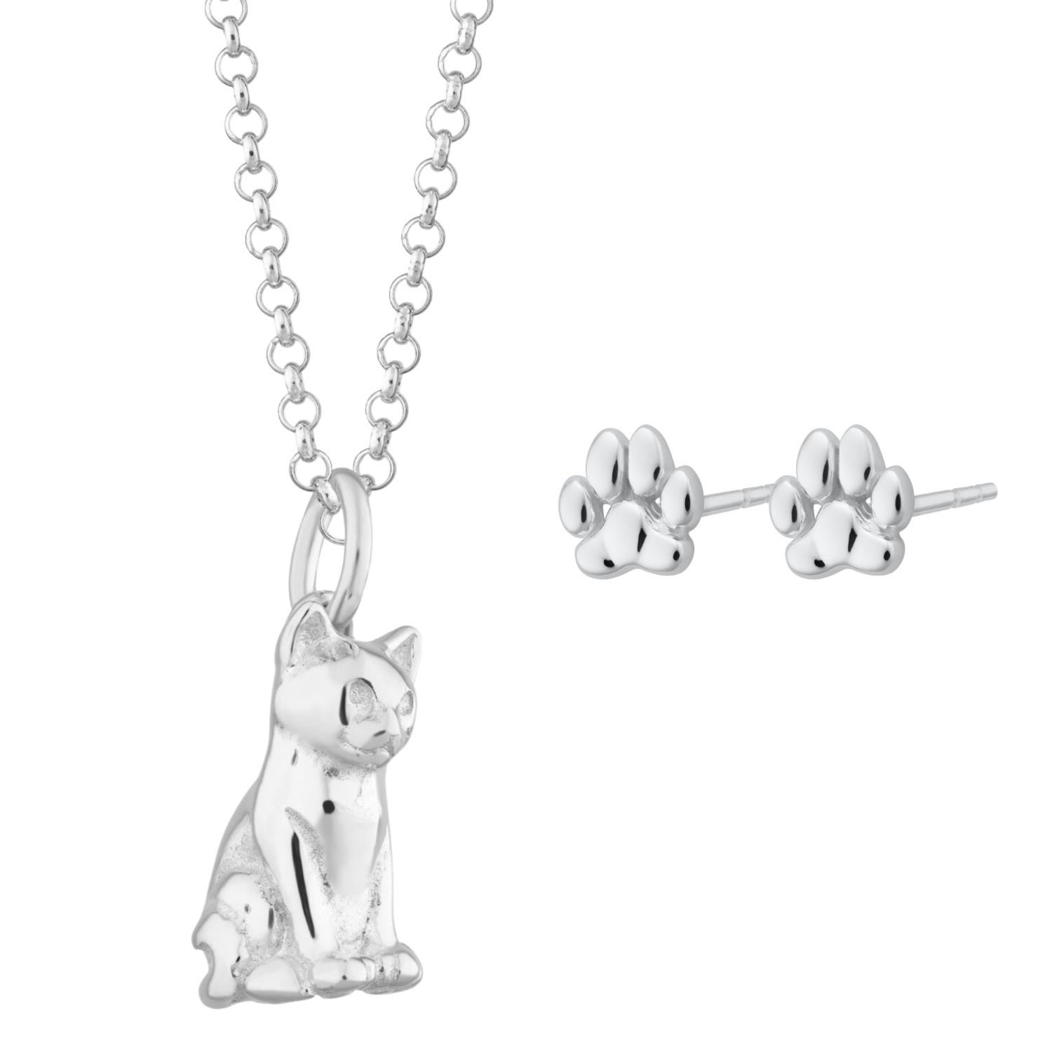 Women’s Sterling Silver Cat Necklace & Paw Stud Jewellery Set Lily Charmed