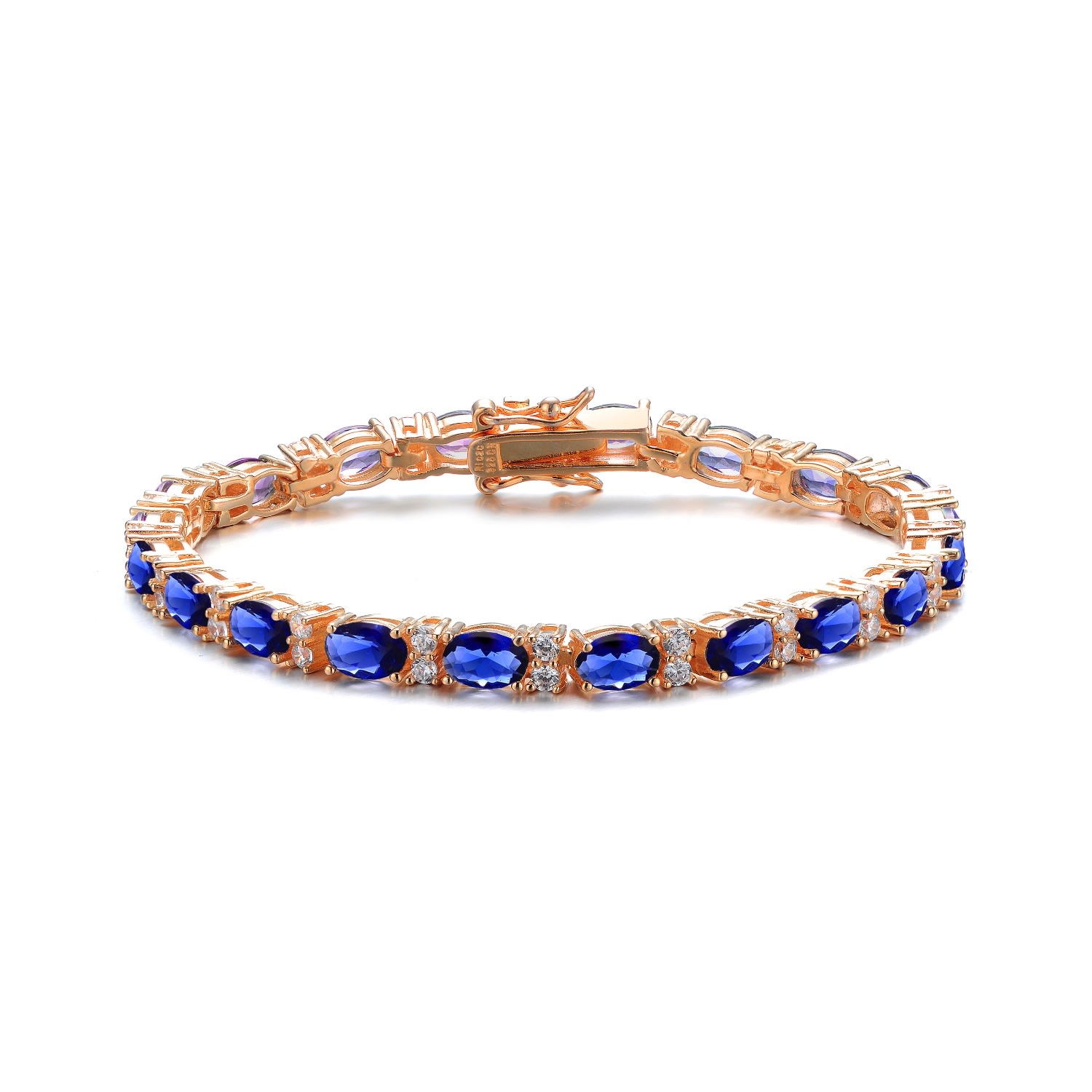 Genevive Jewelry Women's Sterling Silver Rose Gold Plated With Sapphire Blue Cubic Zirconia Tennis Bracelet In Blue