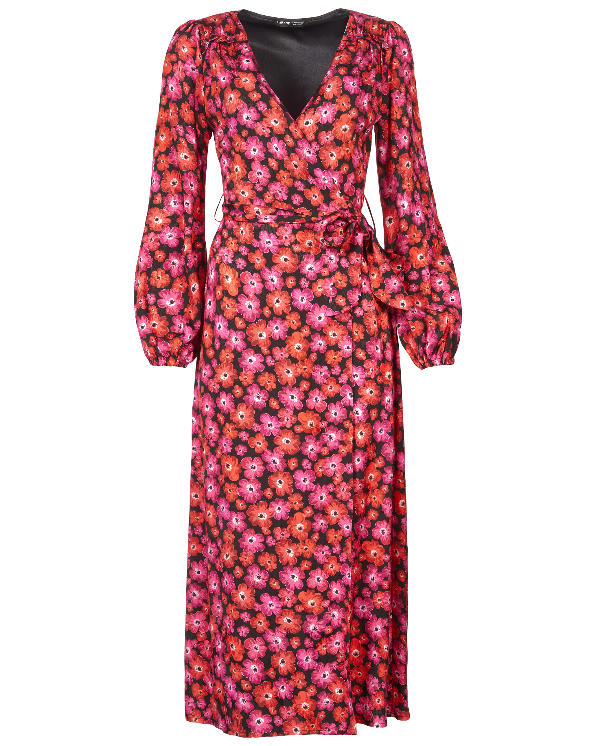 Women’s Black / Red The Annalise Satin Wrap Long Sleeve Midi Dress In Pink Floral Xxxs Lavaand