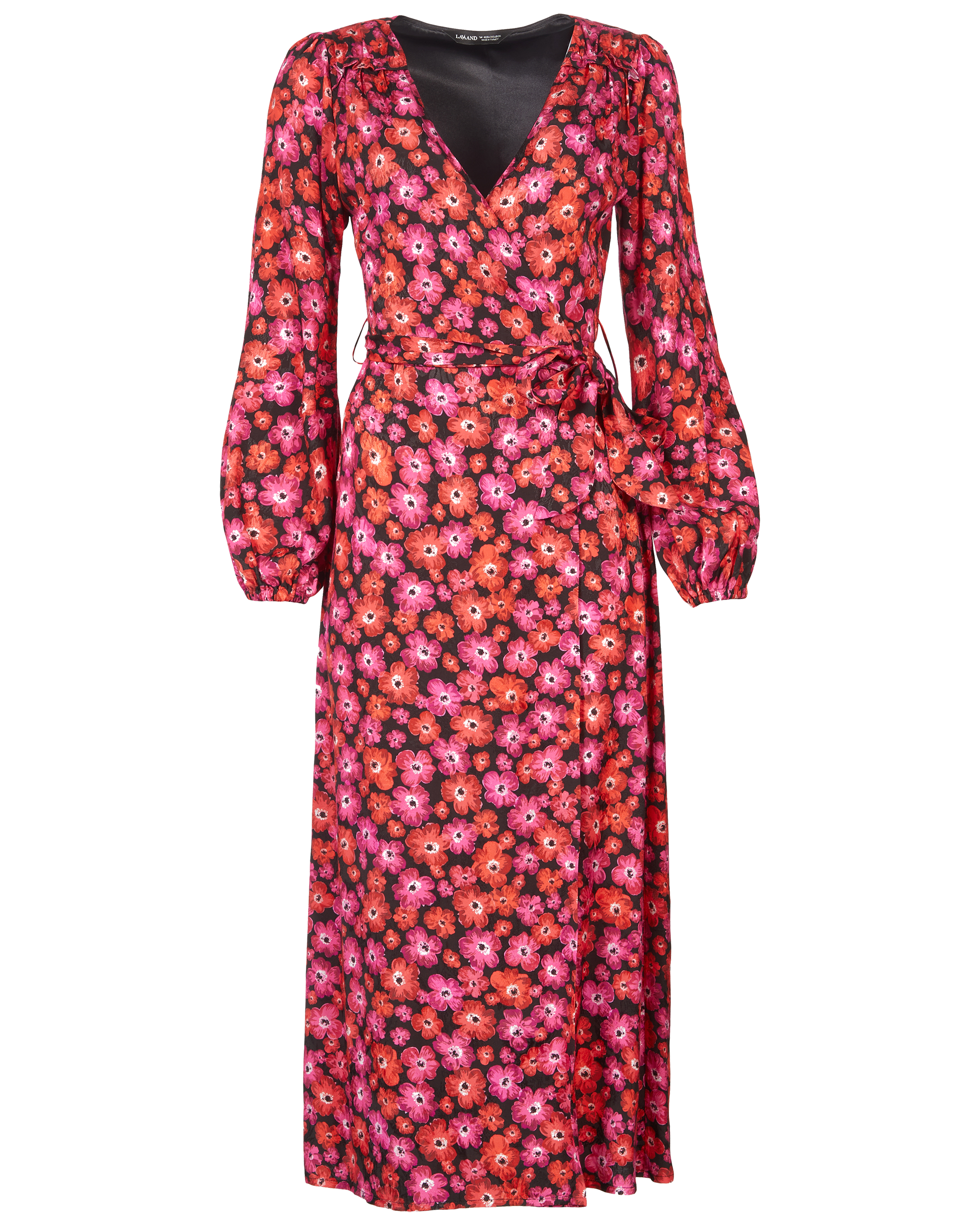 Lavaand Women's Black / Red The Annalise Satin Wrap Long Sleeve Midi Dress In Pink Floral In Black/red