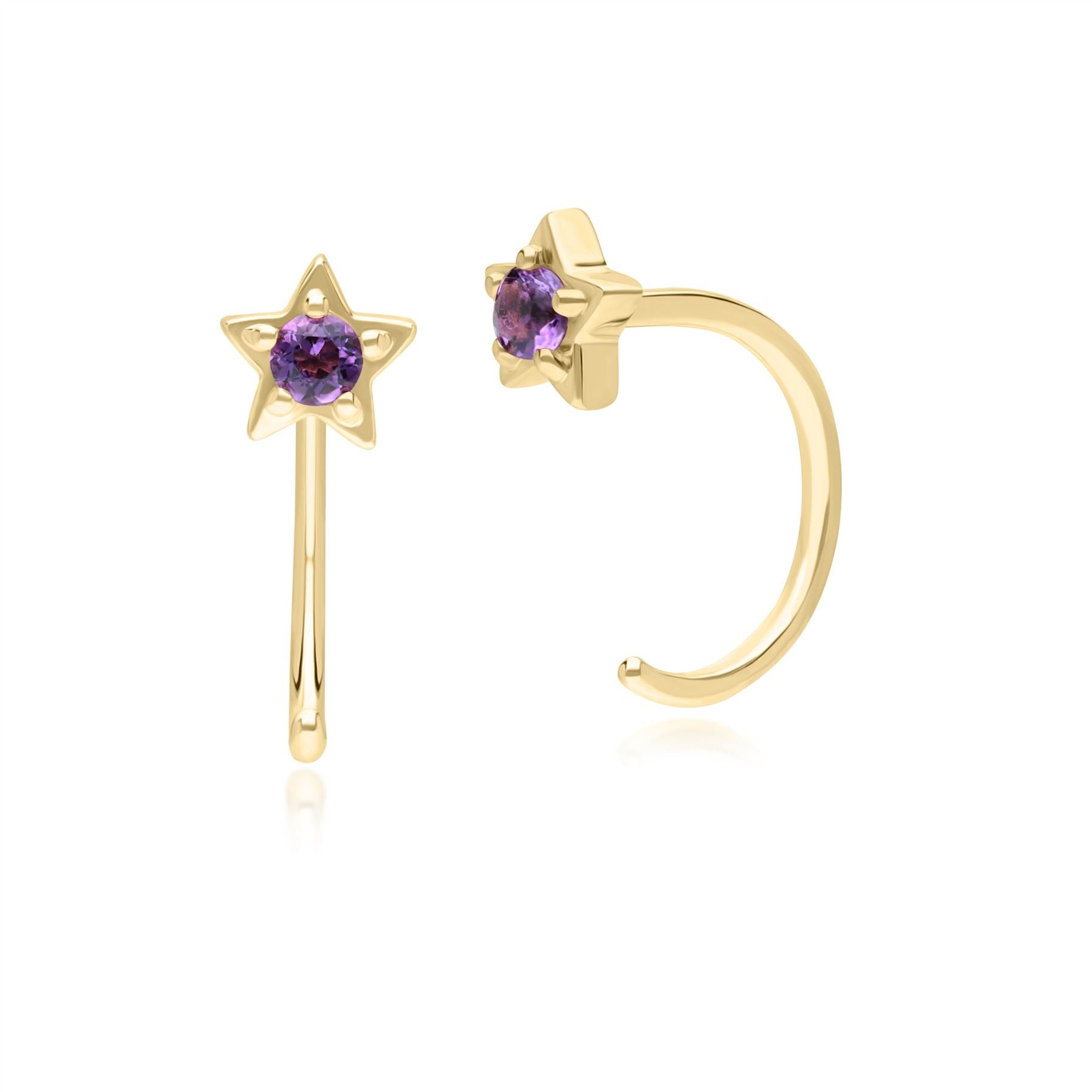 Women’s Gold / Pink / Purple Amethyst Pull Through Hoop Star Earrings In Yellow Gold Gemondo