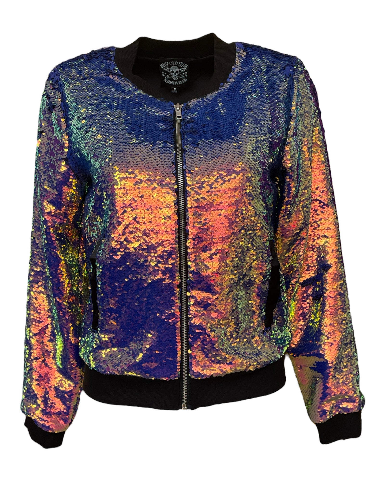Women's Black / Blue Iridescent Oil Slick Sequin Bomber Jacket | 3Xl | Any Old Iron