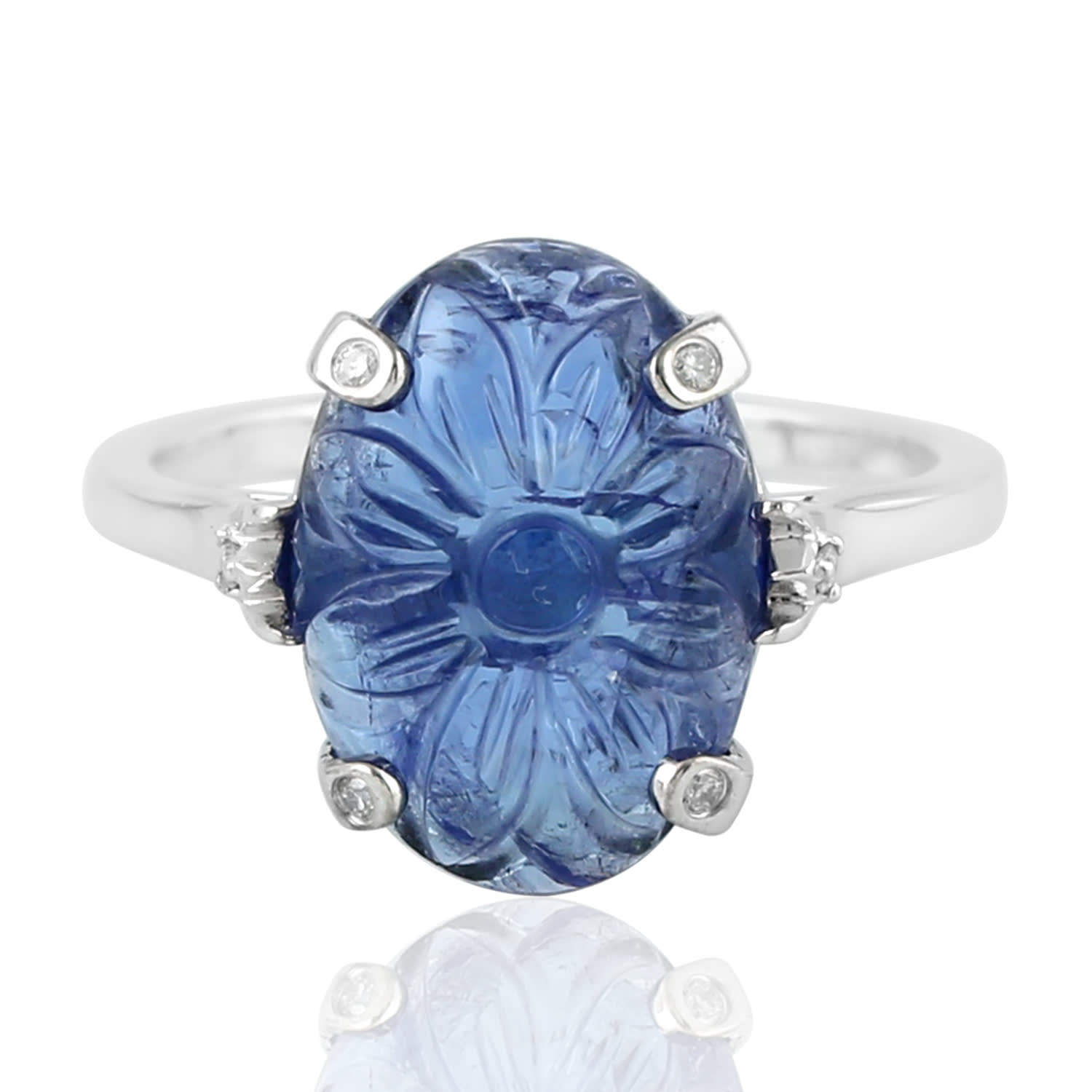 Artisan Women's White / Blue Handcrafted Carved Tanzanite Gemstone Diamond In Prong Statement Ring In 14k Wh In Multi