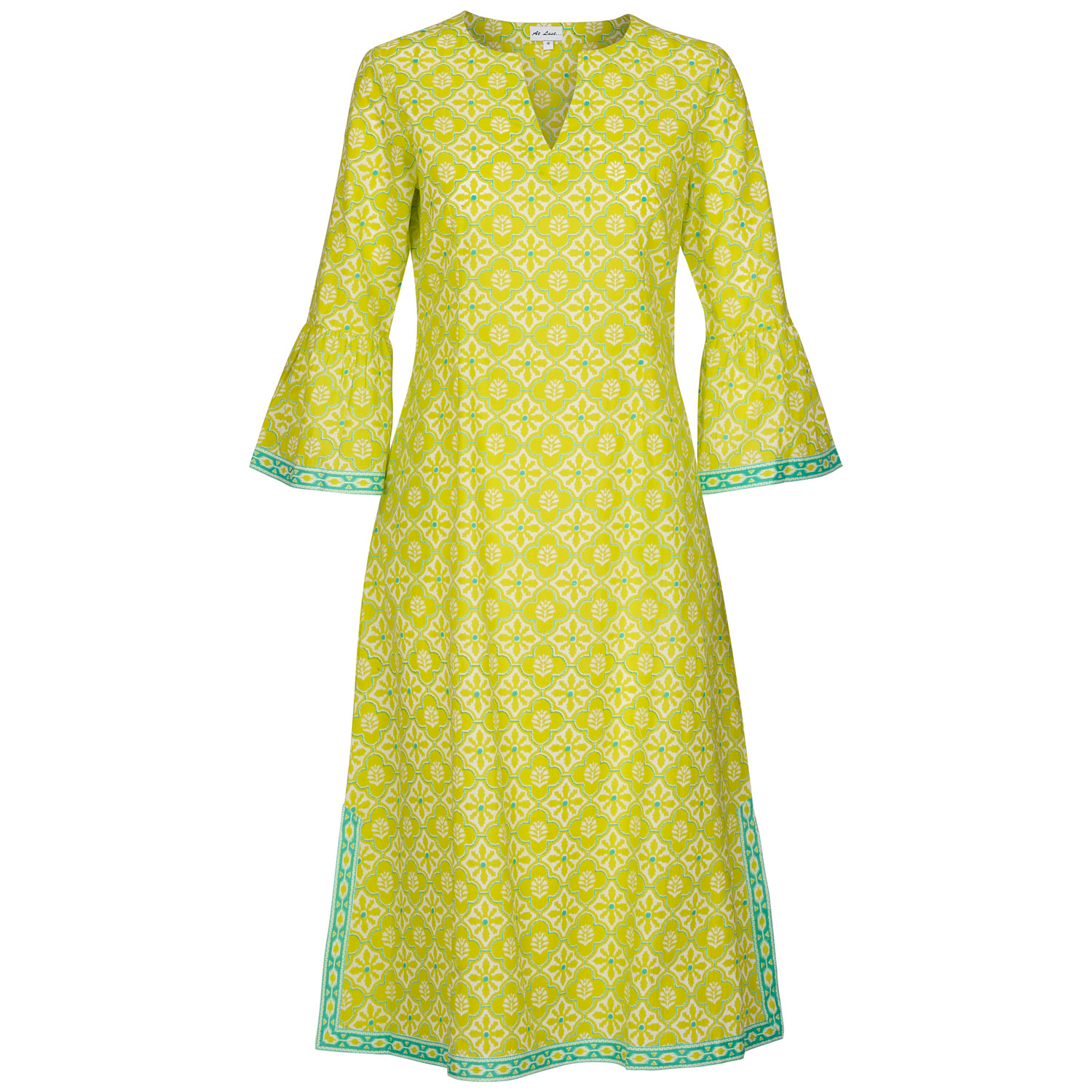 At Last... Women's Green / White Cotton Belle Kaftan Dress In Lime & White Flower In Green/white