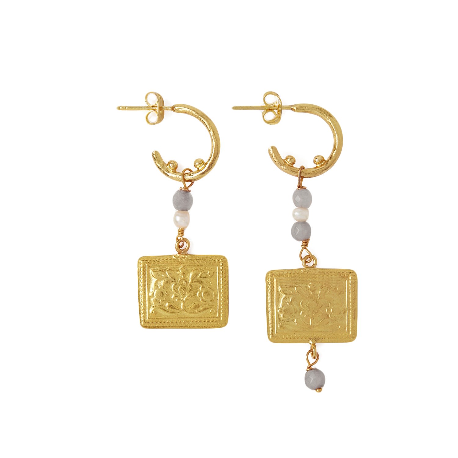 Women’s Gold / Grey / White Delphi Drop Hoop Earrings With Labradorite Beads Ottoman Hands