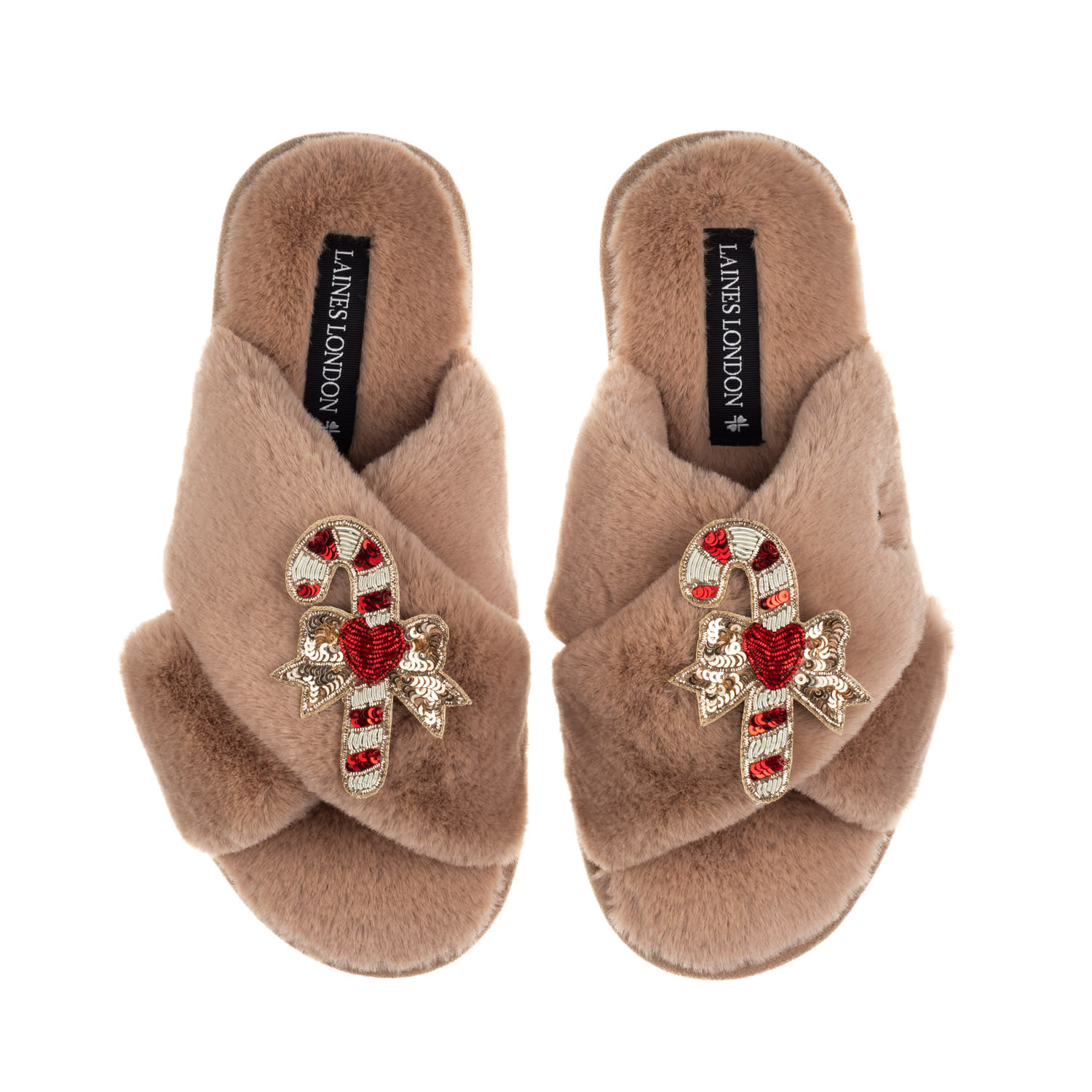 Laines London Women's Brown / Neutrals Classic Laines Christmas Collection Slippers With Double Red Candy Cane Bro In Brown