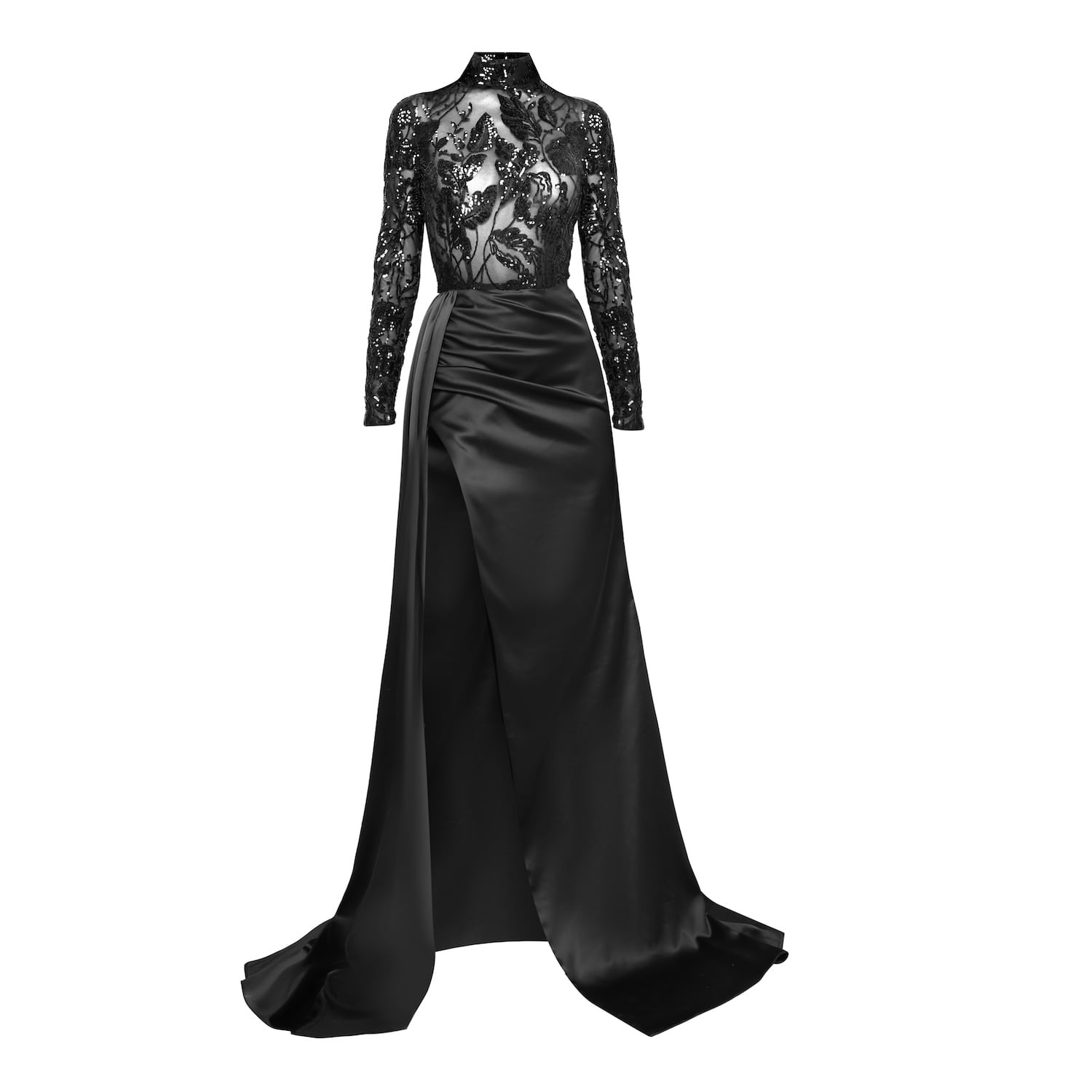 Moda Glam Women's Monaco Sheer Sequin & Satin Gown With Sash- Black In Black