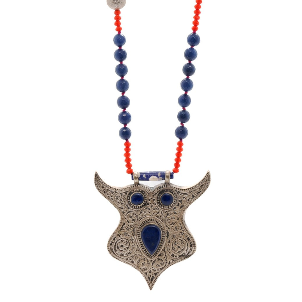 Women’s Blue / Red / Silver Night Owl Beaded Necklace-Blue Ebru Jewelry