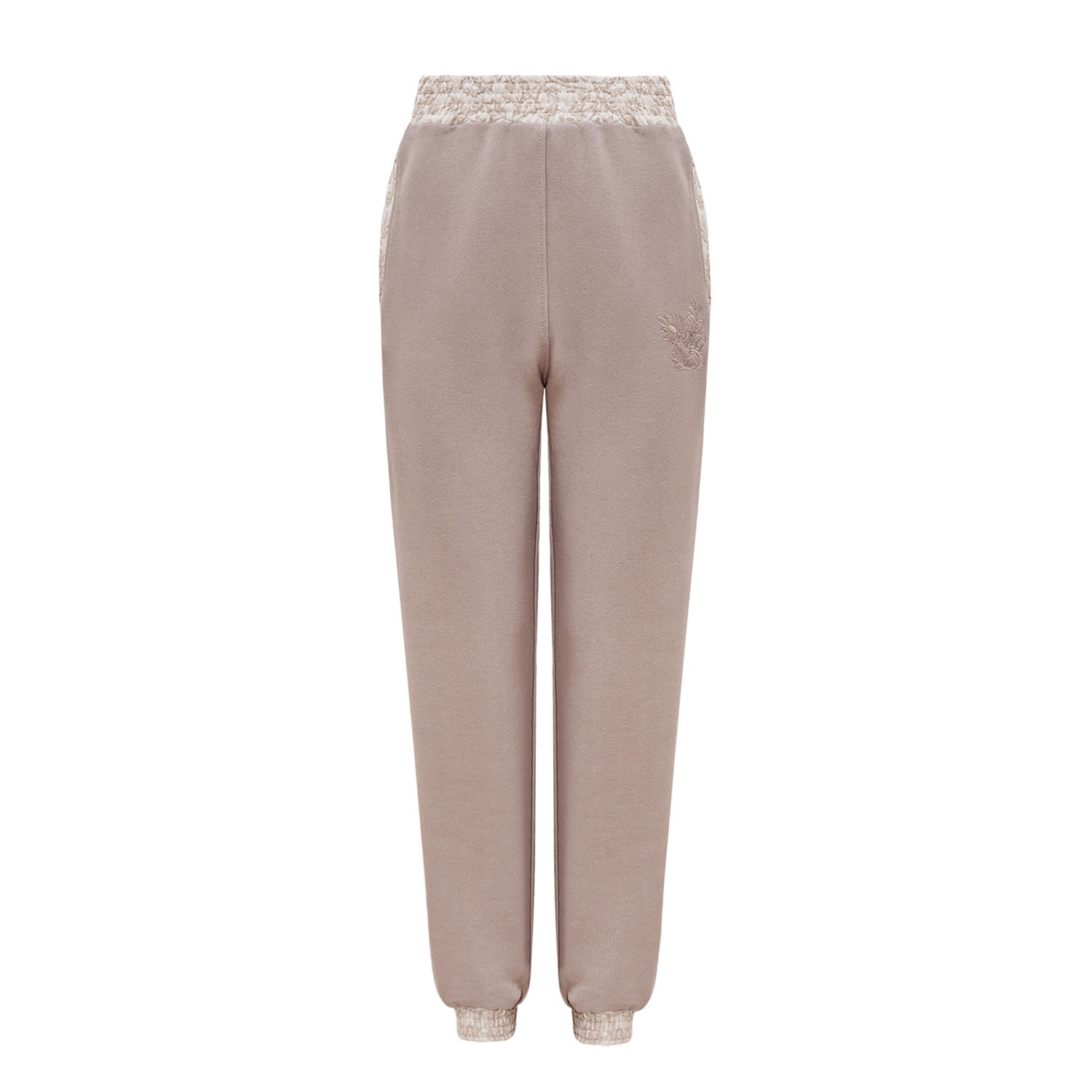 Women's Brown / Neutrals Cotton Beige Sweatpants With Jacquard Detailing - Lantre | S/M | Mandragora