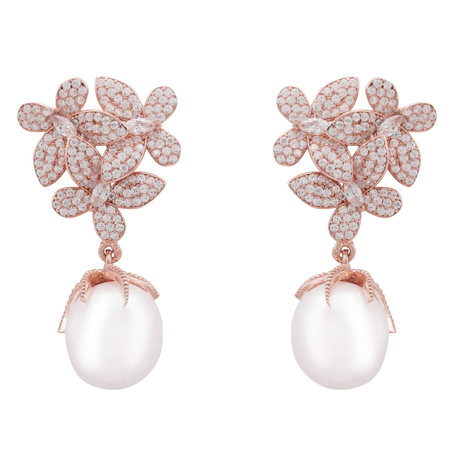 Latelita Women's White / Rose Gold Flowers Pearl Earrings Rosegold White In Multi