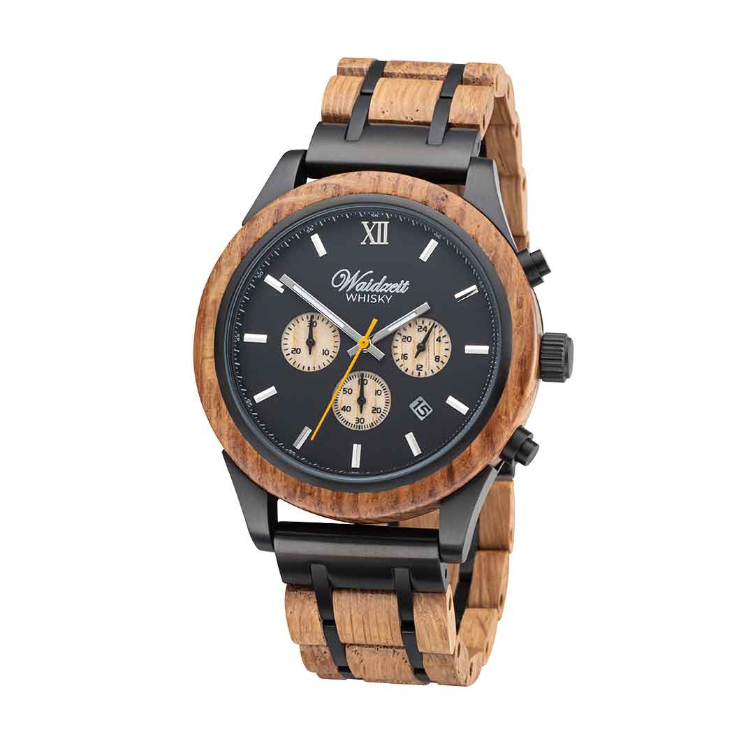 Waidzeit Men's Black / Yellow / Orange Whisky Scotts Highland Chronograph Watch
