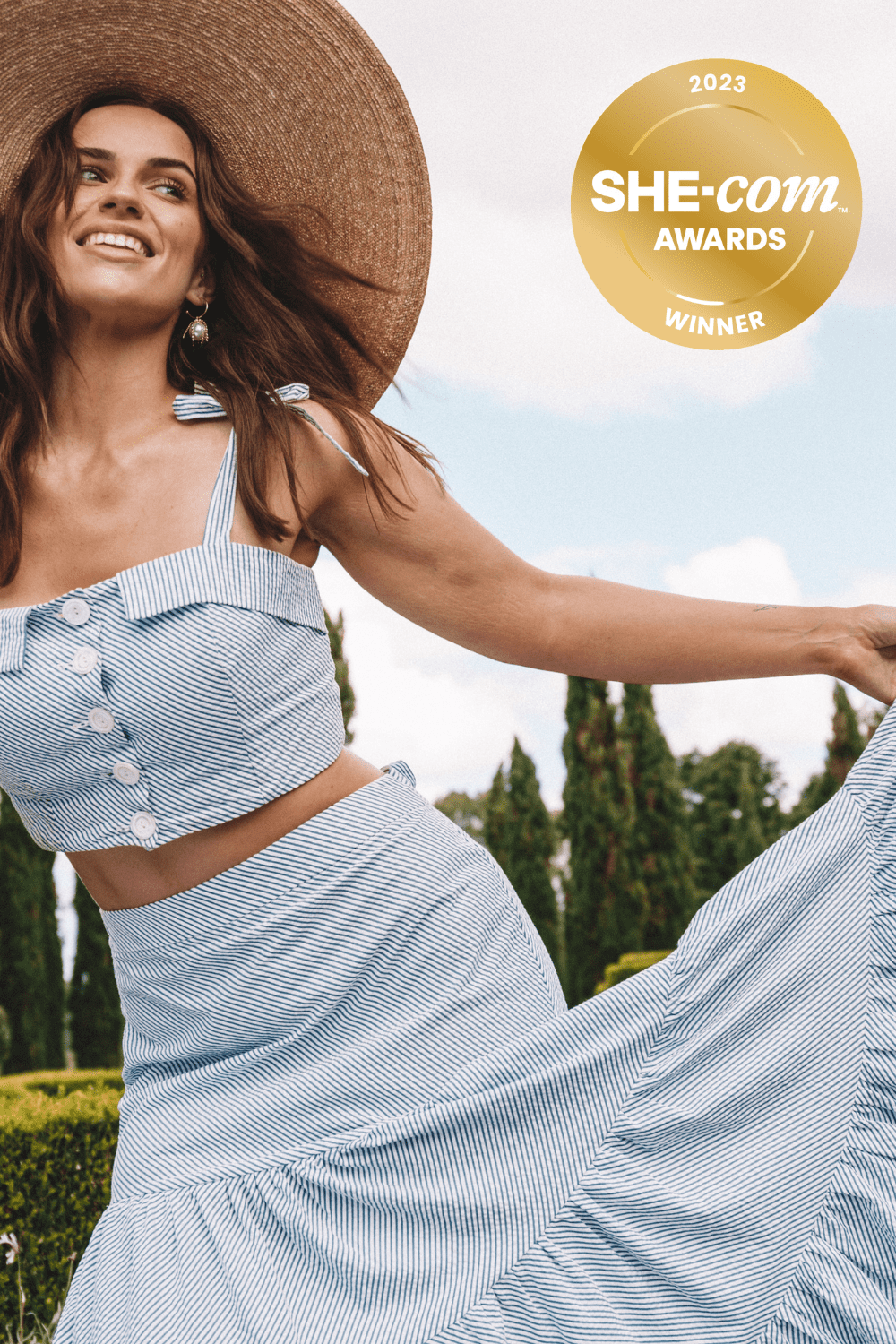 Summer Spinning Crop Top & Maxi Skirt Set In Blue & White