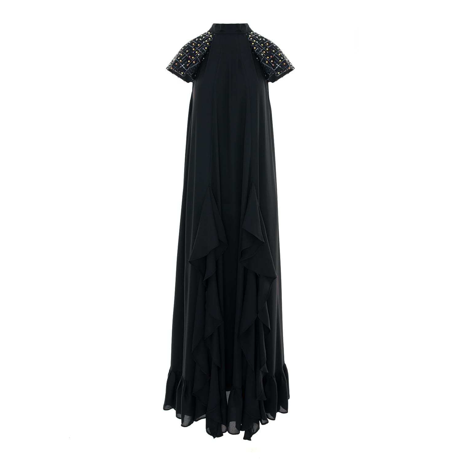 Long Dress With Cascading Slits And Ruffles, Sequined Details