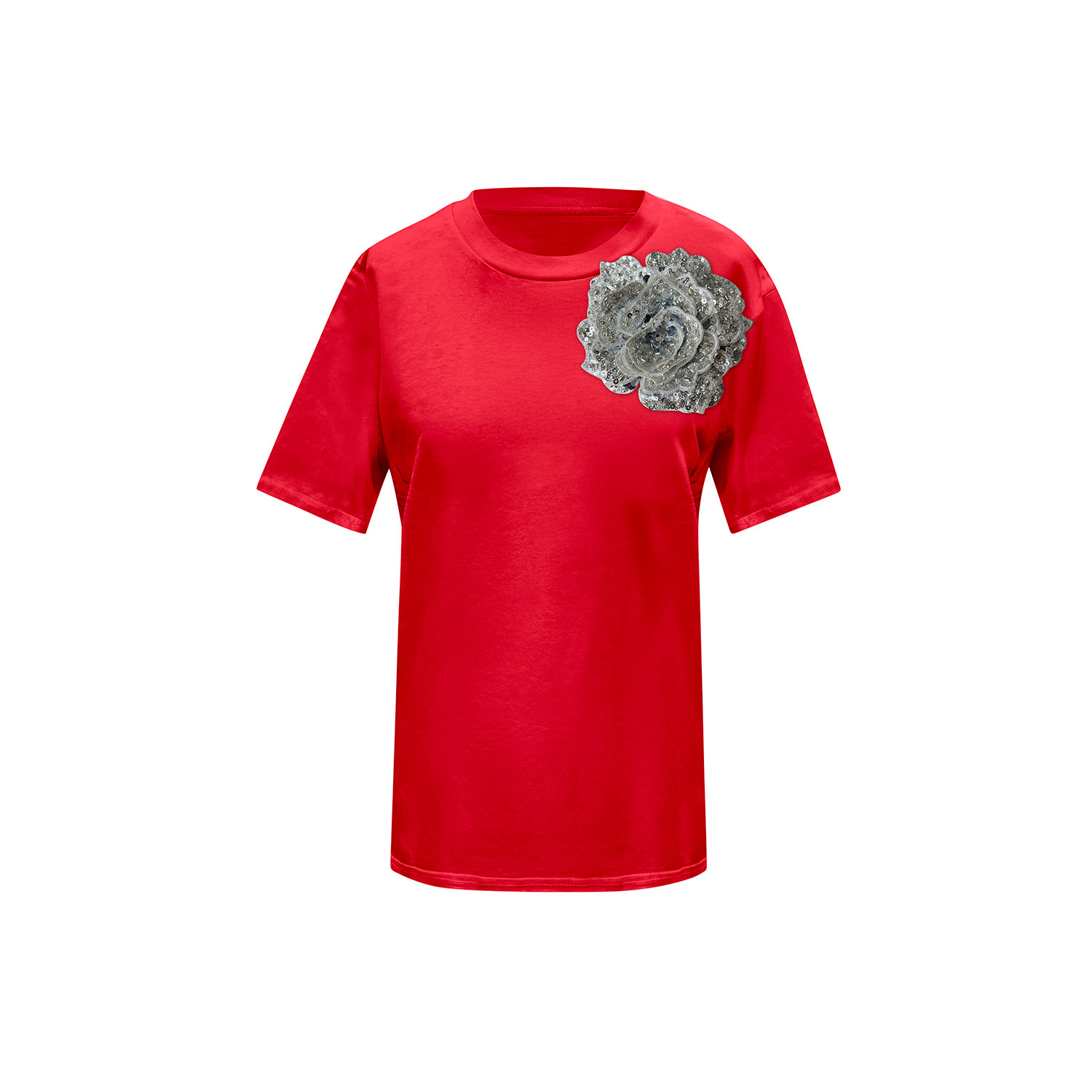 Toma Women's Red / Silver Red Cotton T-shirt With Silver Side Sequin Rose In Red