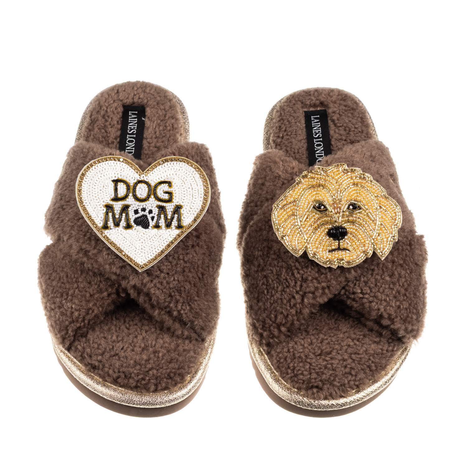 Laines London Women's Brown / Neutrals Boucle Slippers With Dog Mum/mom & Golden Cockapoo Brooches - Mink In Brown