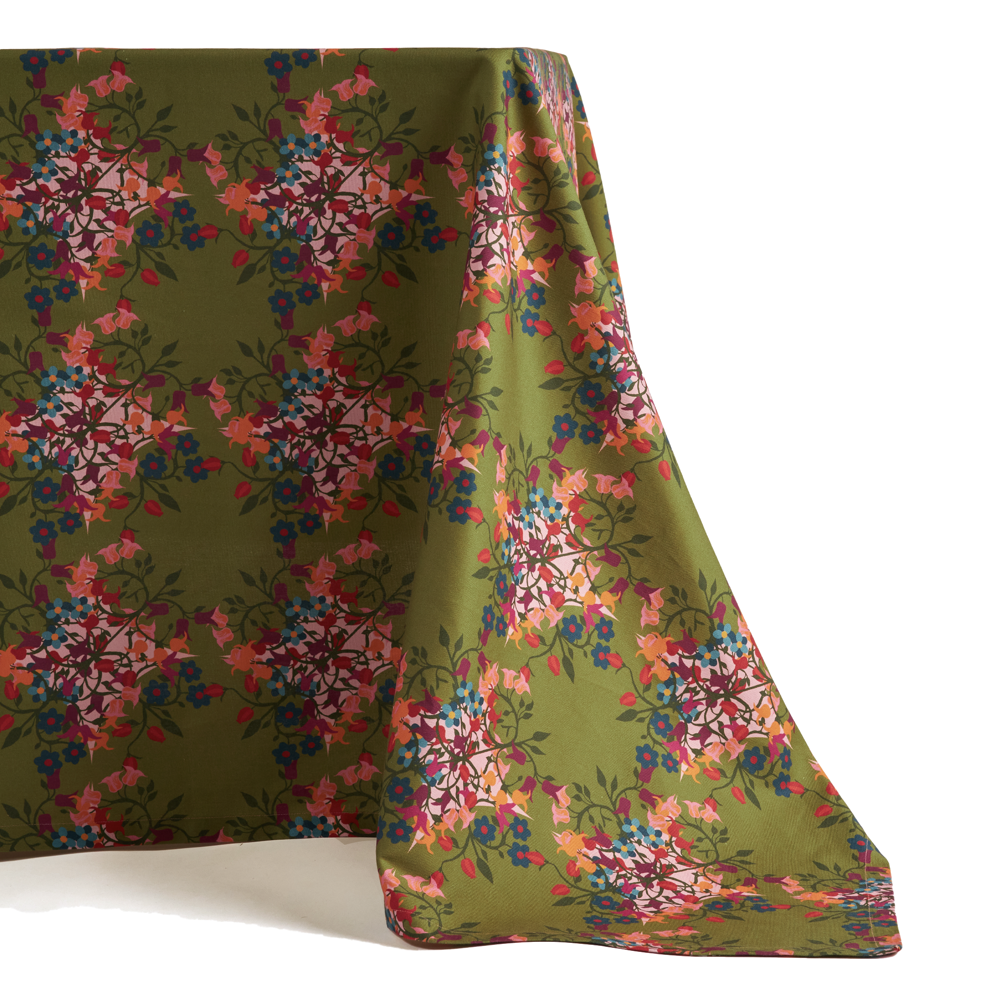 Sophie Williamson Design Green / Pink Rectangular Tablecloth With Bold Flower Print On Green And Pink In Green