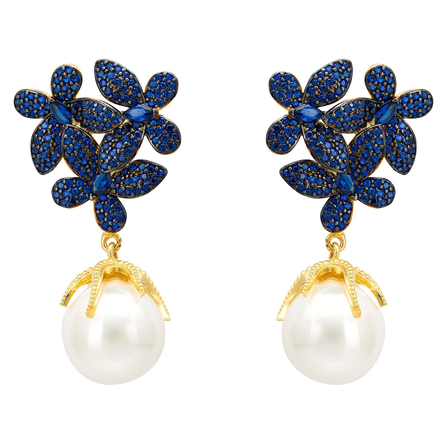 Women’s Blue / Gold / White Flowers Baroque Pearl Earrings Sapphire Blue Gold Latelita