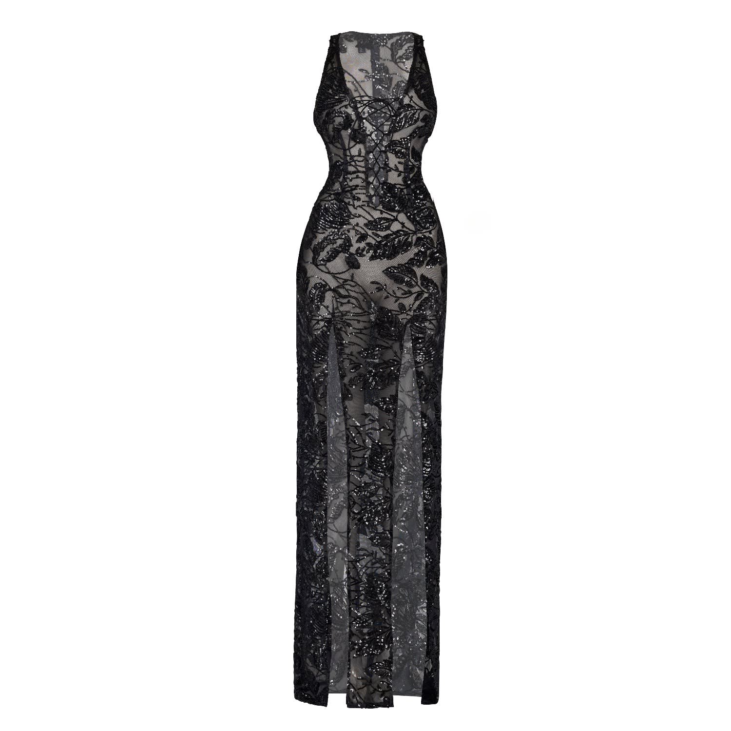 Women&rsquo;s Vixen Lace-Up Sheer Sequin Gown- Black | Large | Moda Glam