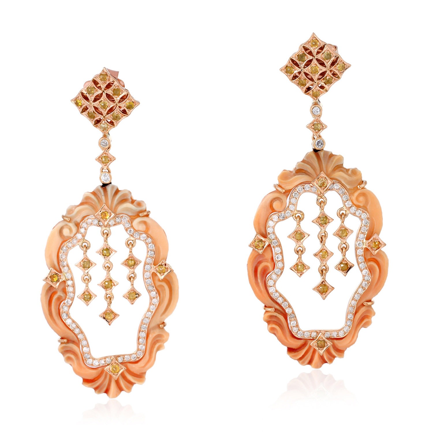 Women’s White / Yellow / Orange 18K Yellow Gold Diamond Designer Dangle Earrings Carving Shell Cameo Gemstone Jewelry Artisan