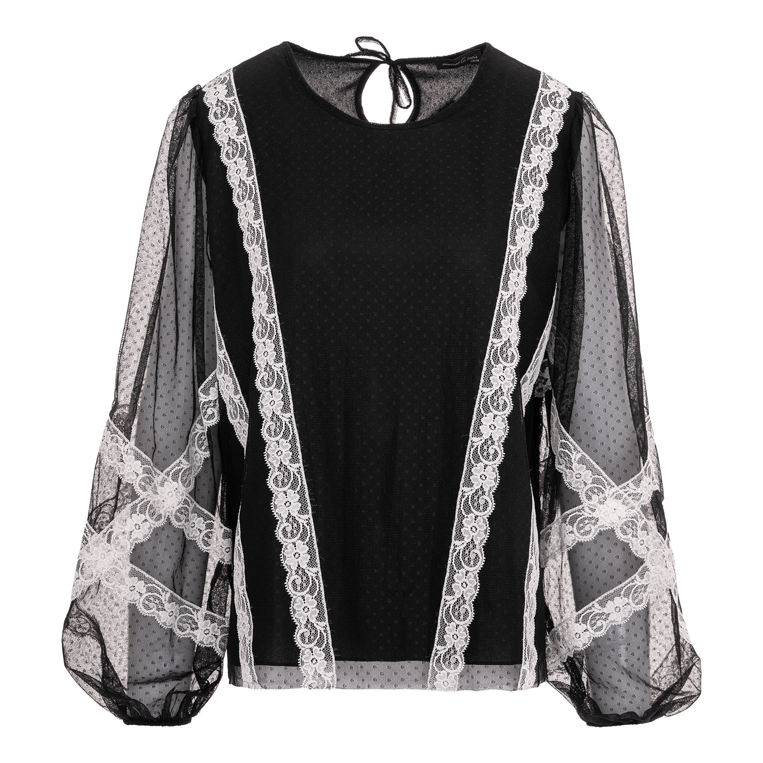 Concept A Trois Women's Black Tulle Blouse With Polka Dots And Lace Details In Black