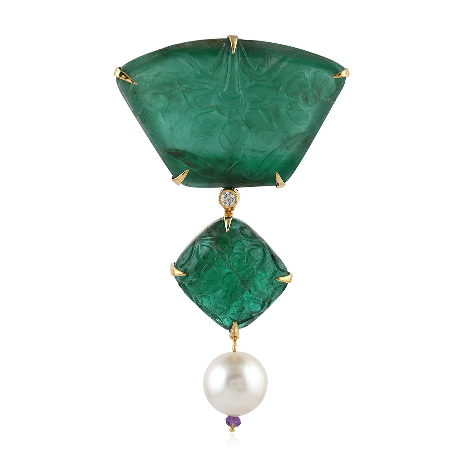 Artisan Women's Carved Emerald & Amethyst Pearl Pendant In Gold – Prong Diamond Designer Fine Jewelry In Multi