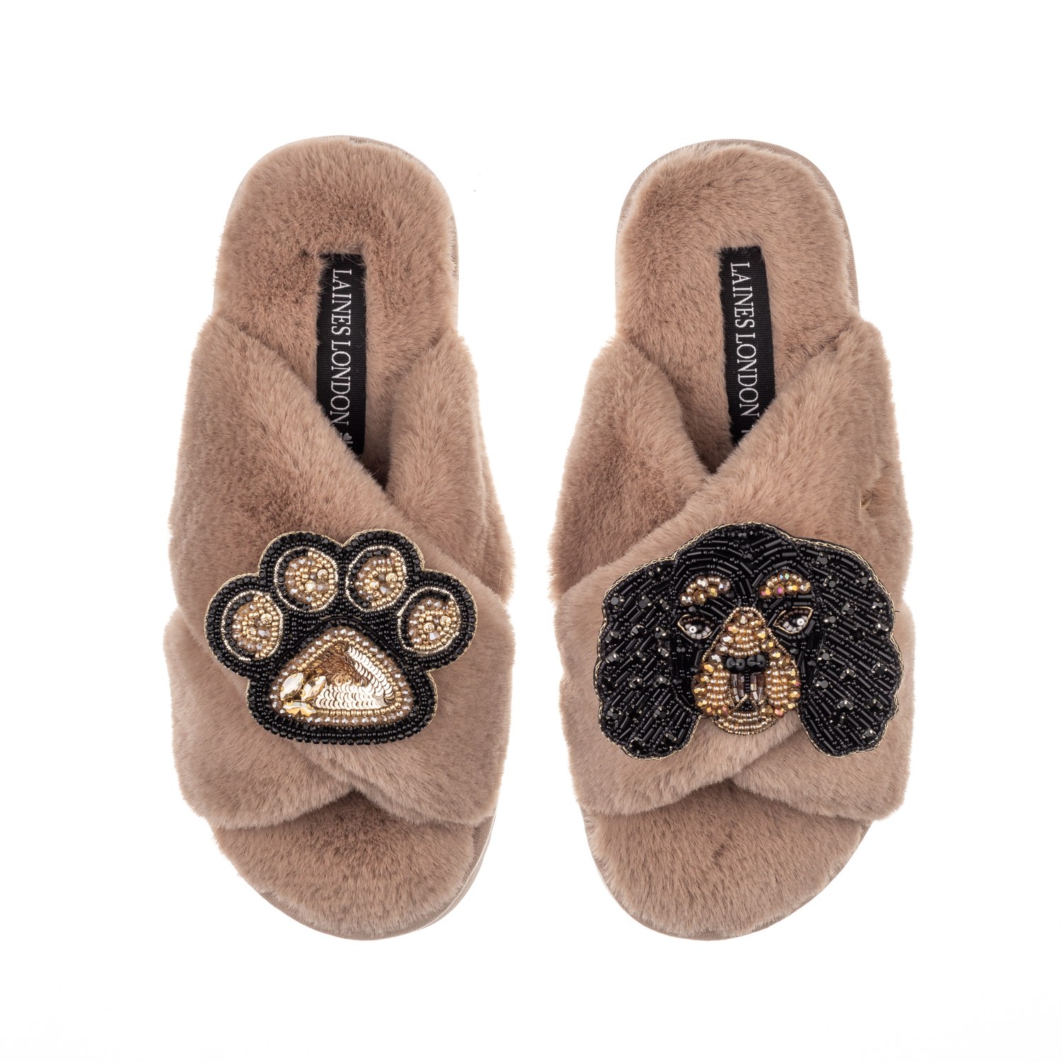 Women’s Brown Classic Laines Slippers With Louie The King Charles & Paw Brooches - Toffee Large Laines London