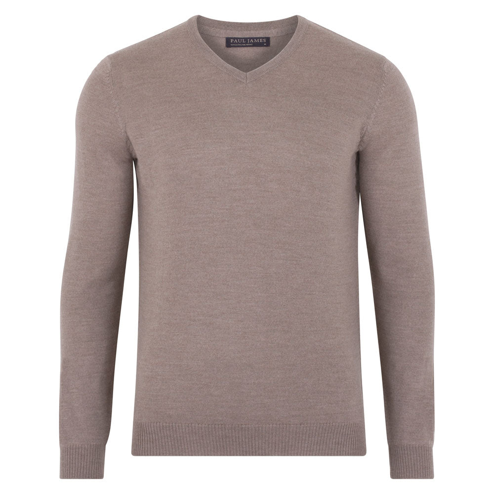 neutrals mens extra fine merino wool v-neck jumper - hessian small paul james knitwear