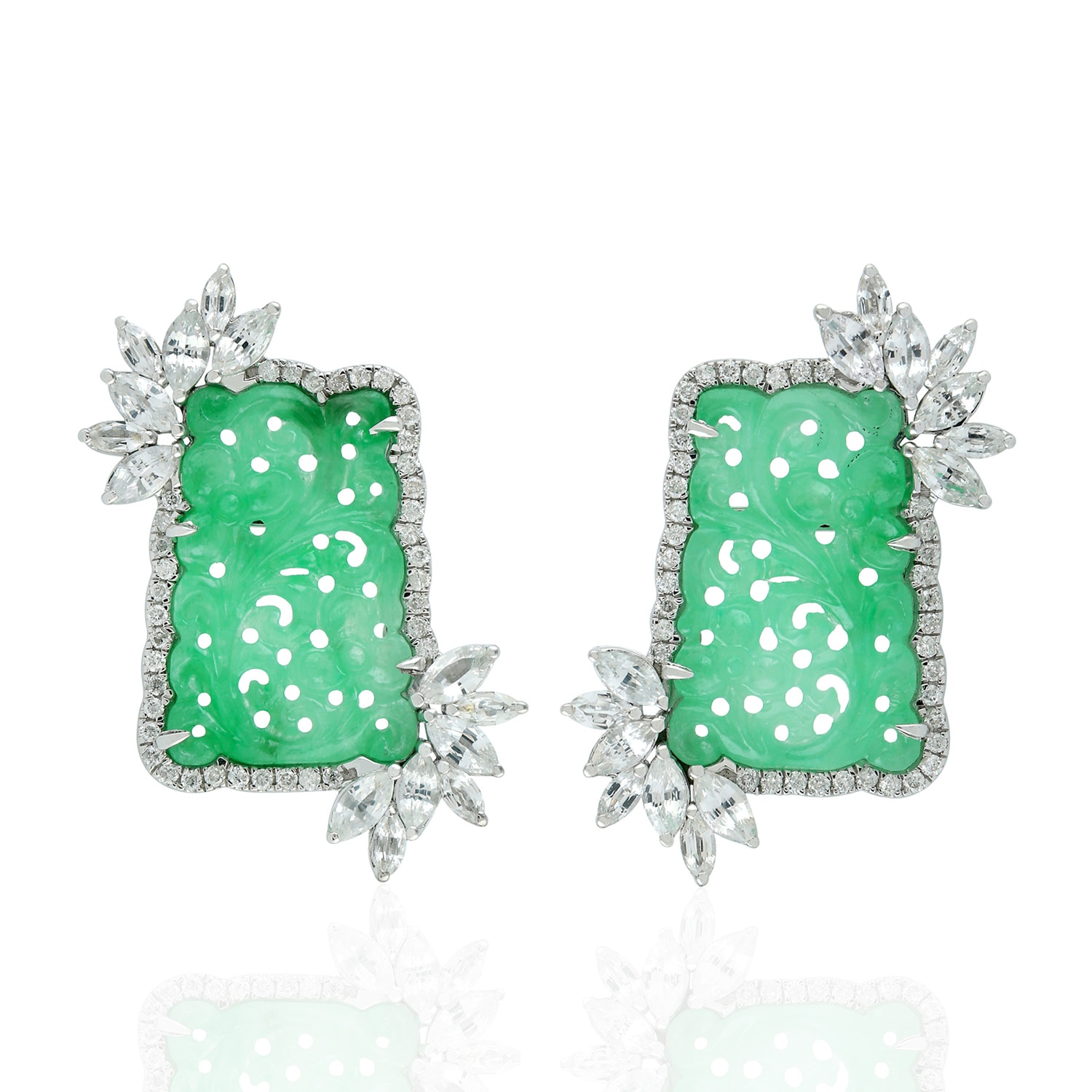 Artisan Women's Green / White Carved Jade & Sapphire Earrings With Diamond Accents In 18k White Gold In Metallic